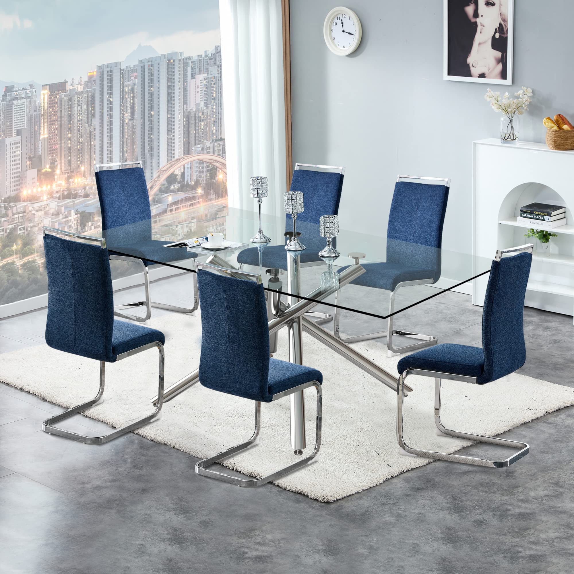 JUFU 71" Dining Glass Table Set for 6,Mid-Century Rectangle Dinner Tempered Glass Table Top and Pu Faux Leather Chairs for Dining Room Home Office (Blue Farbic, Set of 6)