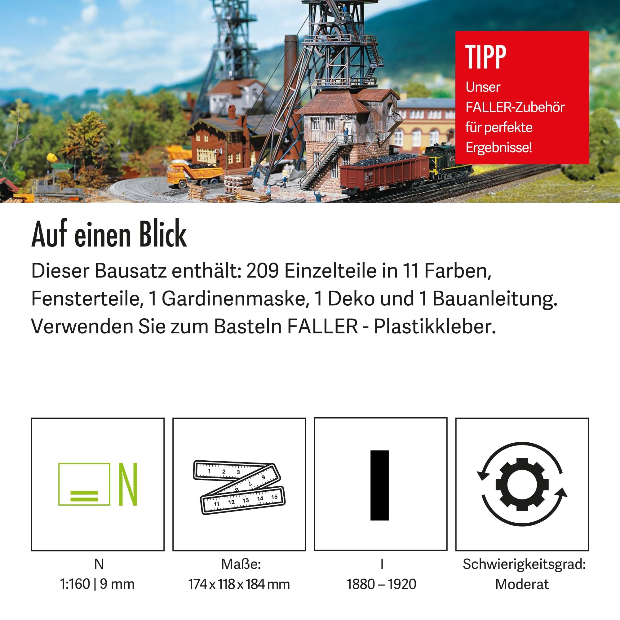 FALLER Förderanlage Königsgrube Modellbausatz mit 209 Einzelteilen 174 x 118 x 184 mm I Modelleisenbahn Zubehör N I Modelleisenbahn N Schachthalle