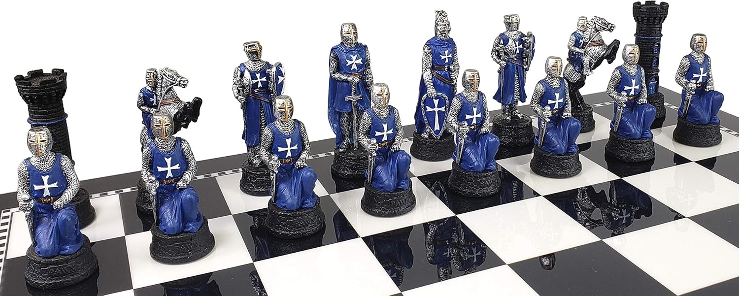 Medieval Times Crusades Red and White Maltese Knights Chess Set with 17 inch Black and White Storage Board
