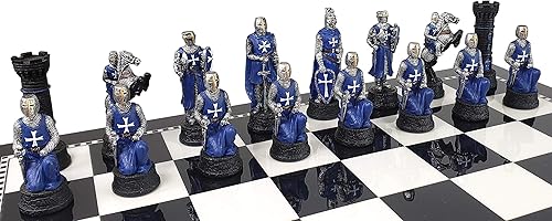 Miniatura 5 de Medieval Times Crusades - Juego de ajedrez de caballeros malteses azules y blancos con tablero de almacenamiento blanco y negro de 17 pulgadas
