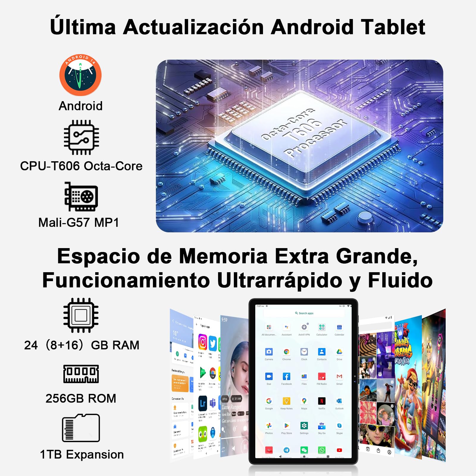 Tablet 11 Pollici Android Tablet con 24GB RAM + 256GB ROM(TF/2TB), Octa-Core 2.0 GHz, 2.4G/5G WiFi, Bluetooth 5.0, Widevine L1, 8000mAh, 5MP+13MP, 1280 * 800 Pixels FHD, Touch Screen con Case - Negro