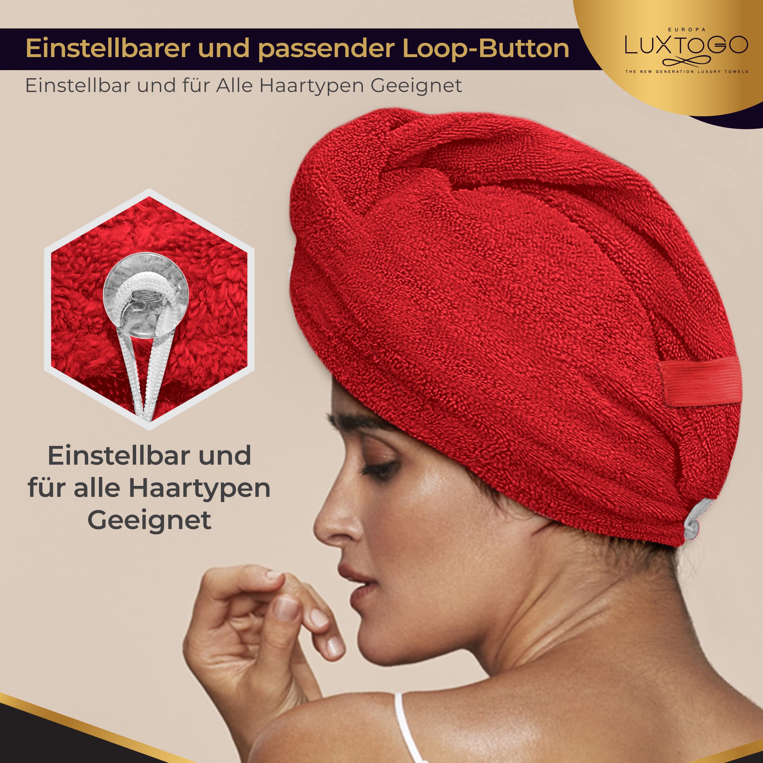 Asciugamano turbante per capelli, 100% cotone, di alta qualità, con bottone ed elastico, turbante per la testa super assorbente (1 pezzo rosso)