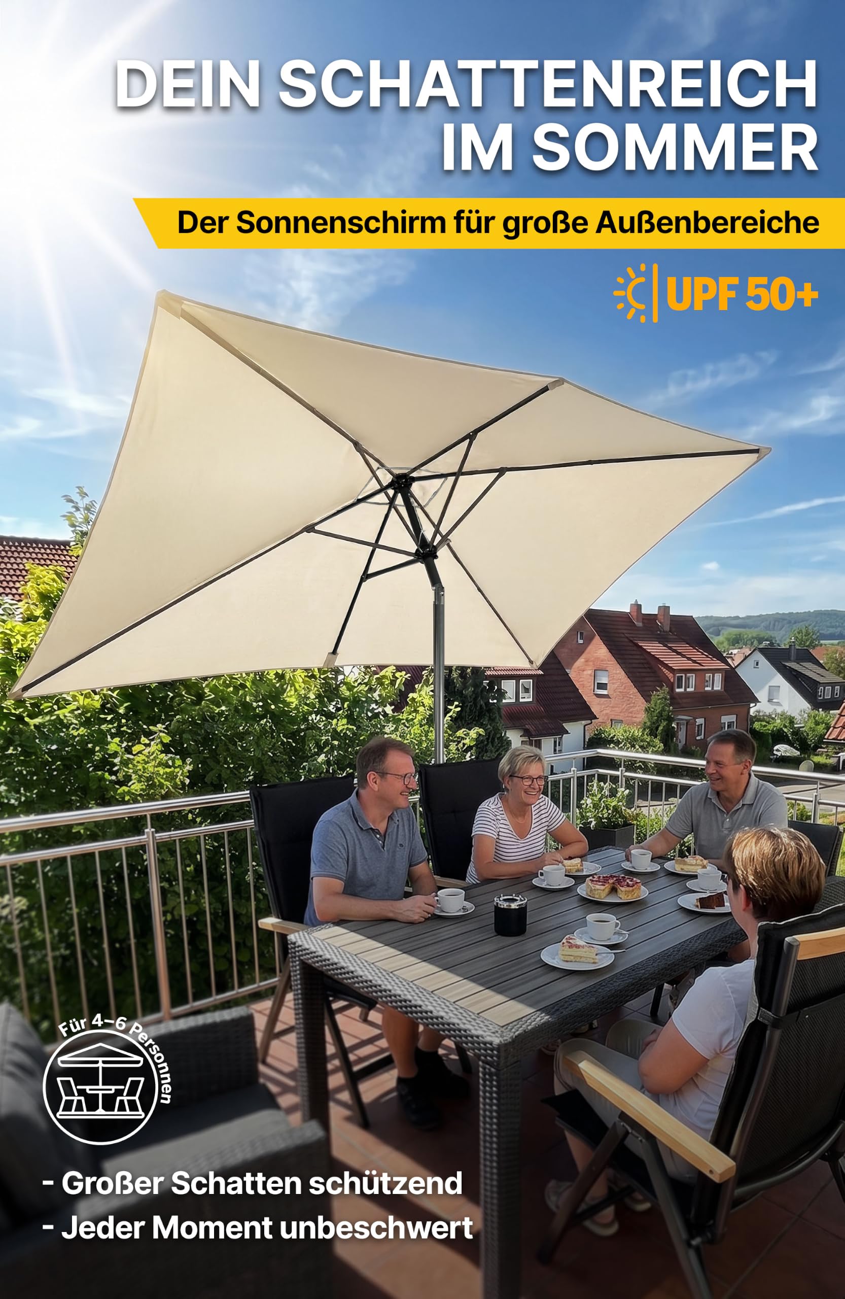 4smile Sonnenschirm Balkon mit Kurbel, Sonnenschirm rechteckig 300x200 cm | UV 50+ Sonnenschutz Balkon, knickbarer Balkonschirm für Terrasse & Garten, inkl. Schutzhülle, Beige