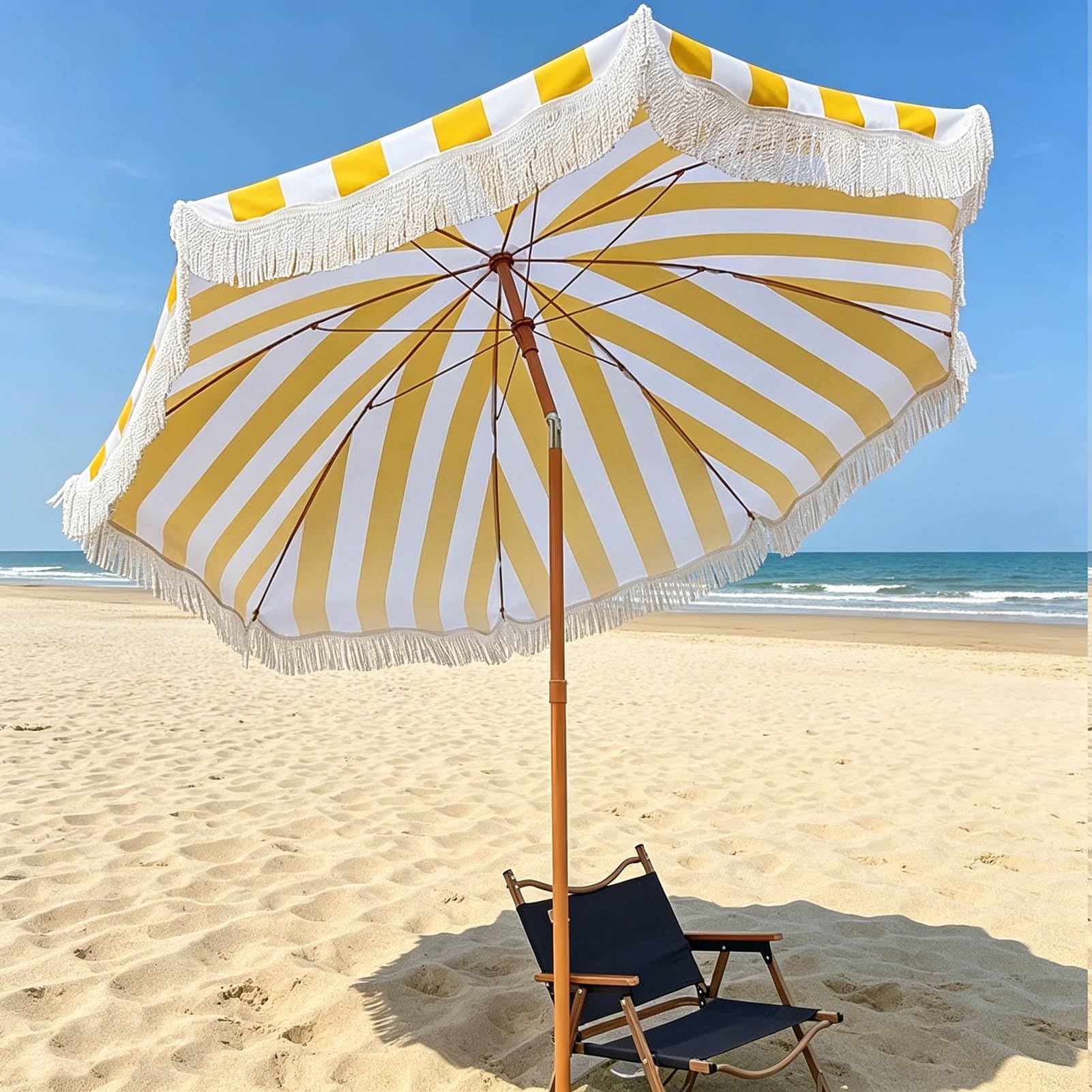 Ombrellone da Spiaggia con Frange da 200 cm, Strisce Gialle e Bianche, Inclinabile, per Piscina, Prato, Giardino e Terrazza, UPF 50+