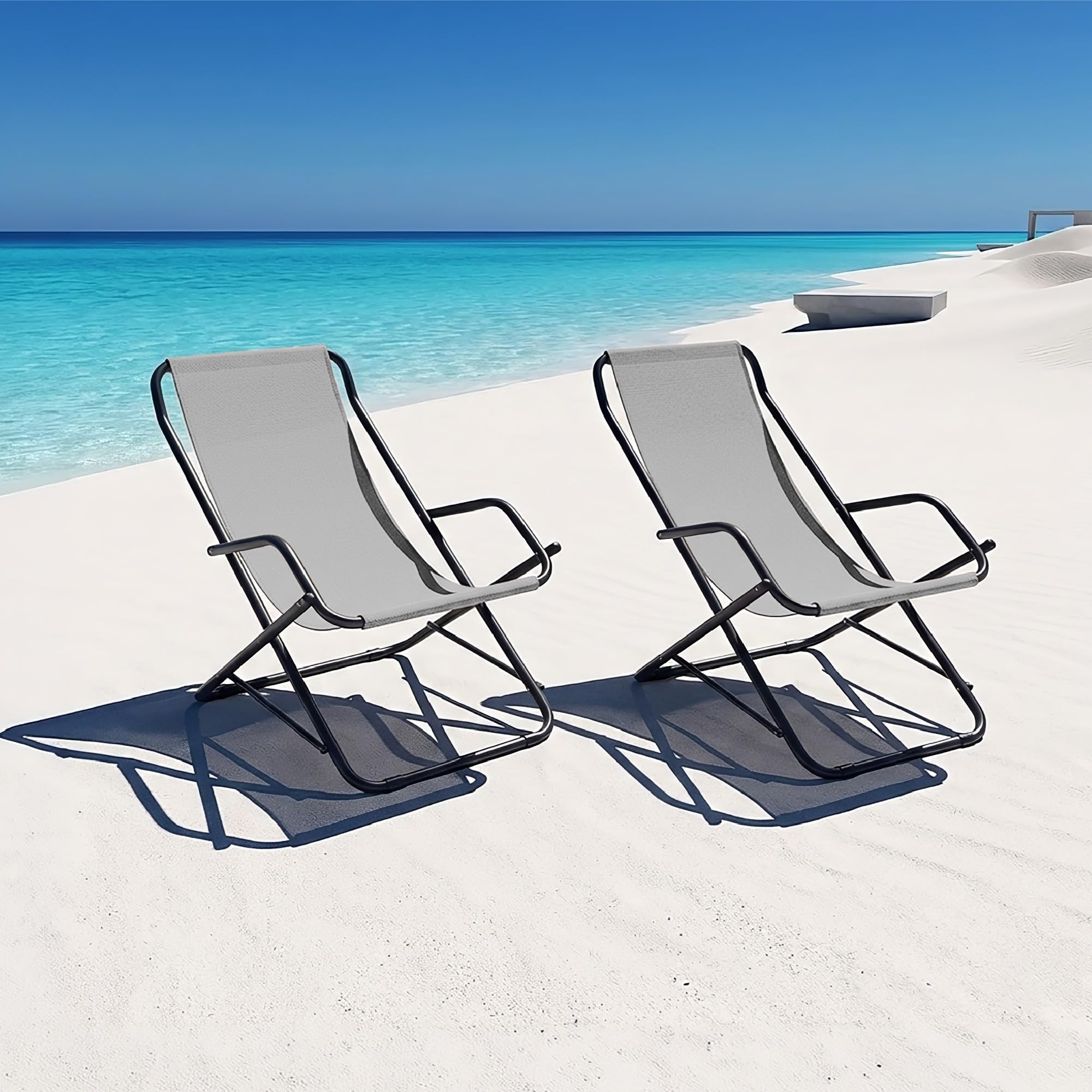 IlGruppone Set 2 Sdraio Sedie Spiaggina Relax Giardino Spiaggia, Pieghevoli in Acciaio e Textilene con Braccioli Funzione Basculante Dondolo - Grigio