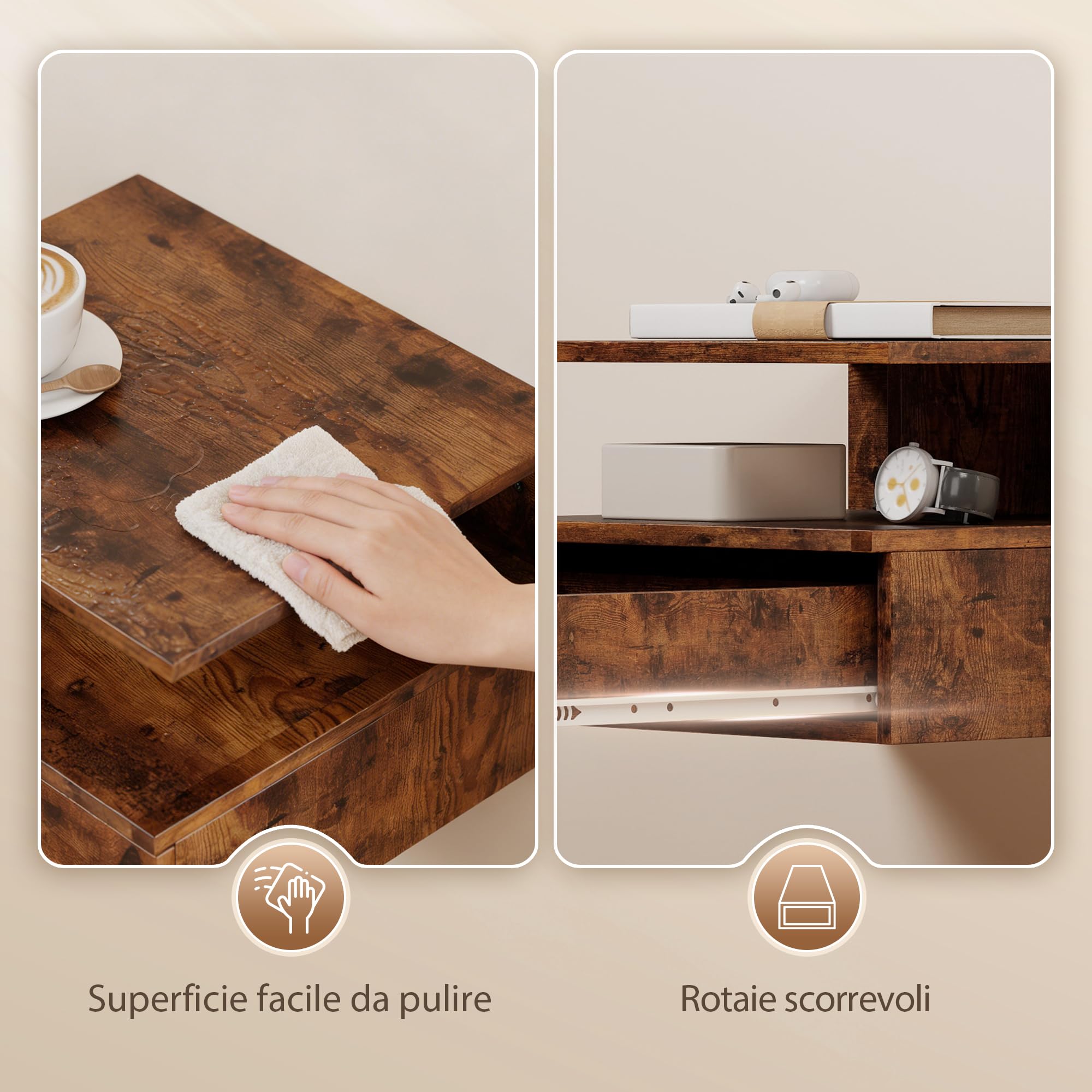HOMCOM Set di 2 Comodini Camera da Letto Sospesi con Cassetto e Scomparto Aperto, Coppia di Comodini Moderno in Legno, Tavolini per Divano, Soggiorno, Salotto e Camera, 35x32x22.5 cm, Marrone Rustico
