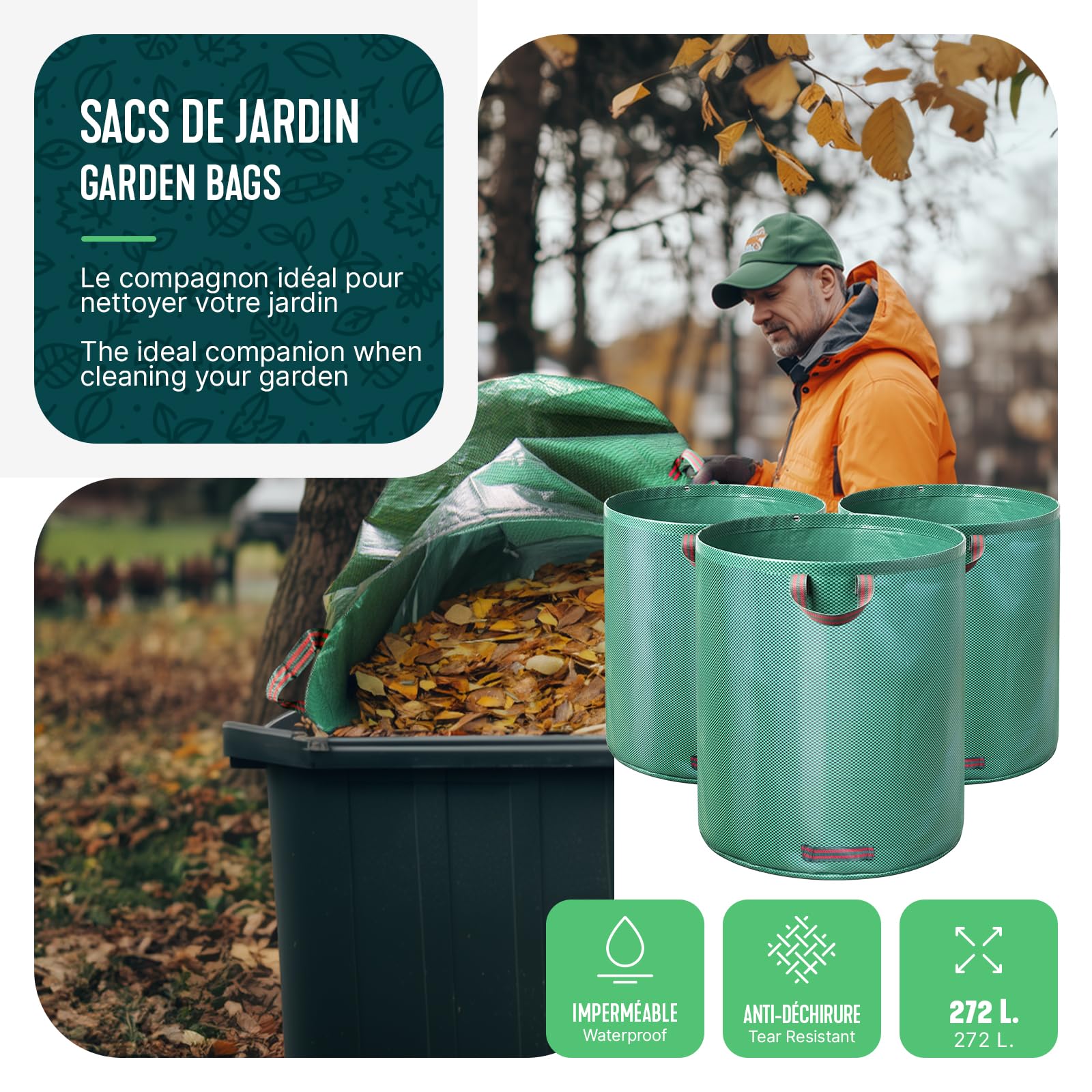 VOUNOT® 3 x Sacos de Jardin 272L Bolsas de Basura de jardín, con Asas, Plegables y Reutilizables