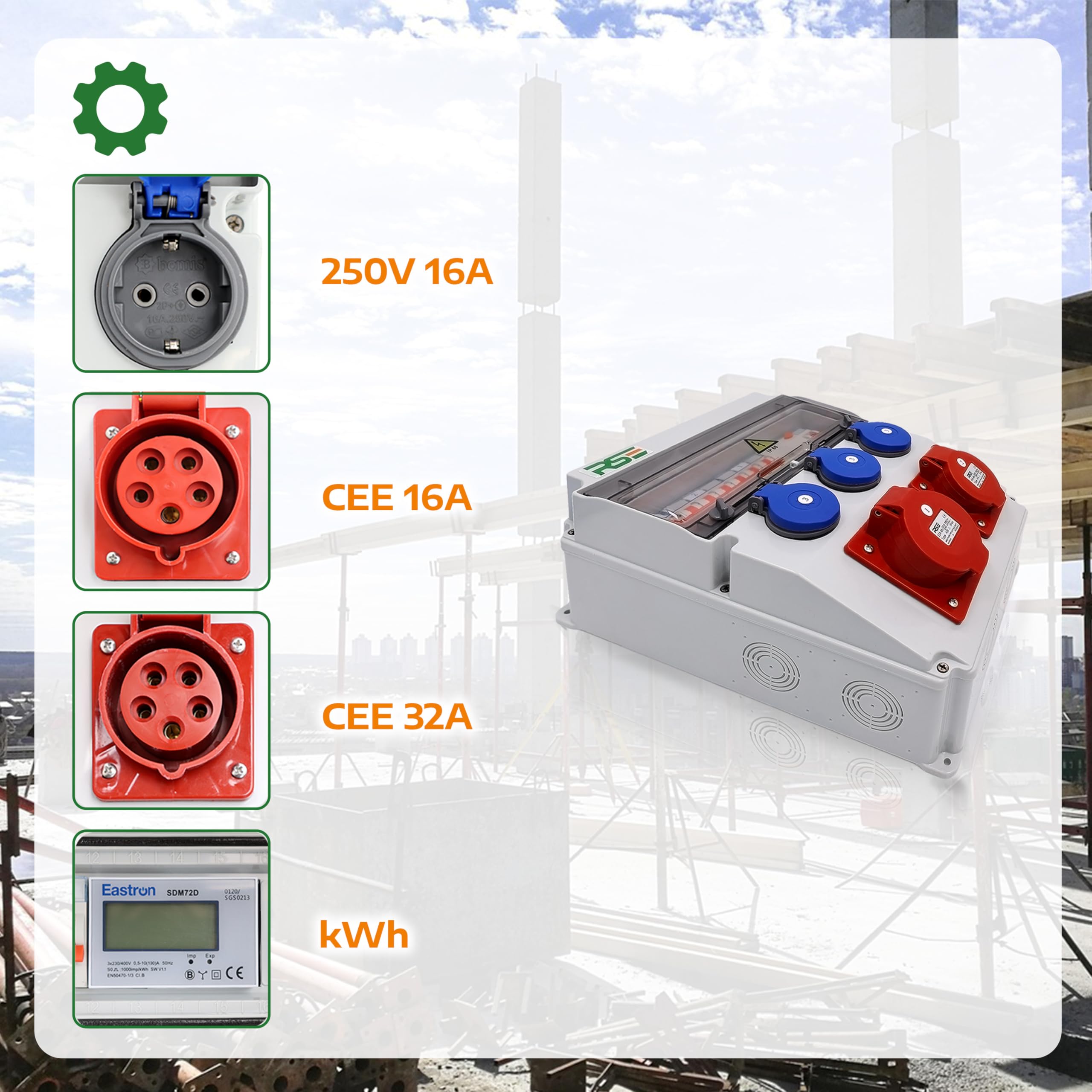 Distribuidor de corriente de construcción distribuidor de pared completamente cableado 32A 16A 230V con toma CEE contador IP65, 12. 1x32A 1x16A 3x230 con LS