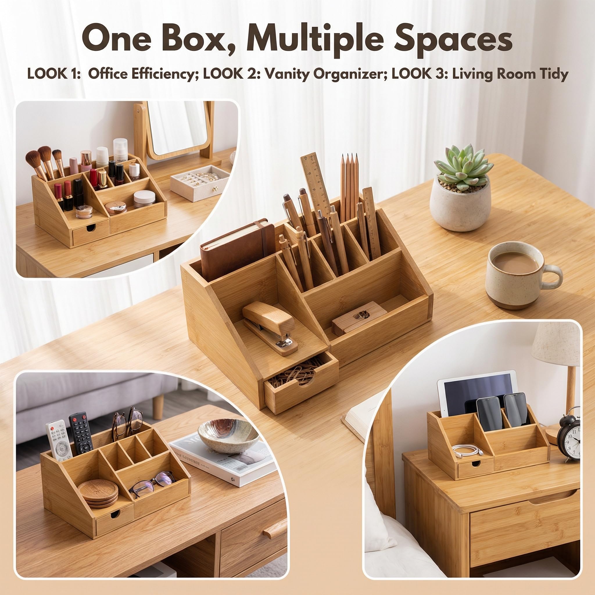 Holz Schreibtisch Organizer 24.5x15x11cm Büro Organizer mit 7 Fächer und Schublade Aufbewahrungsbox Fernbedienung Halterung Stiftehalter Schreibtischablage Tischorganizer für Büro und Zuhause