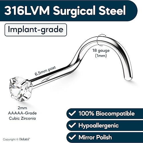 Miniatura 3 de Belatti Nose Rings For Women & Men - Hypoallergenic Nose Stud Screw Piercing Jewelry (choose GAUGE - QUANTITY - COLOR - GEM SIZE)