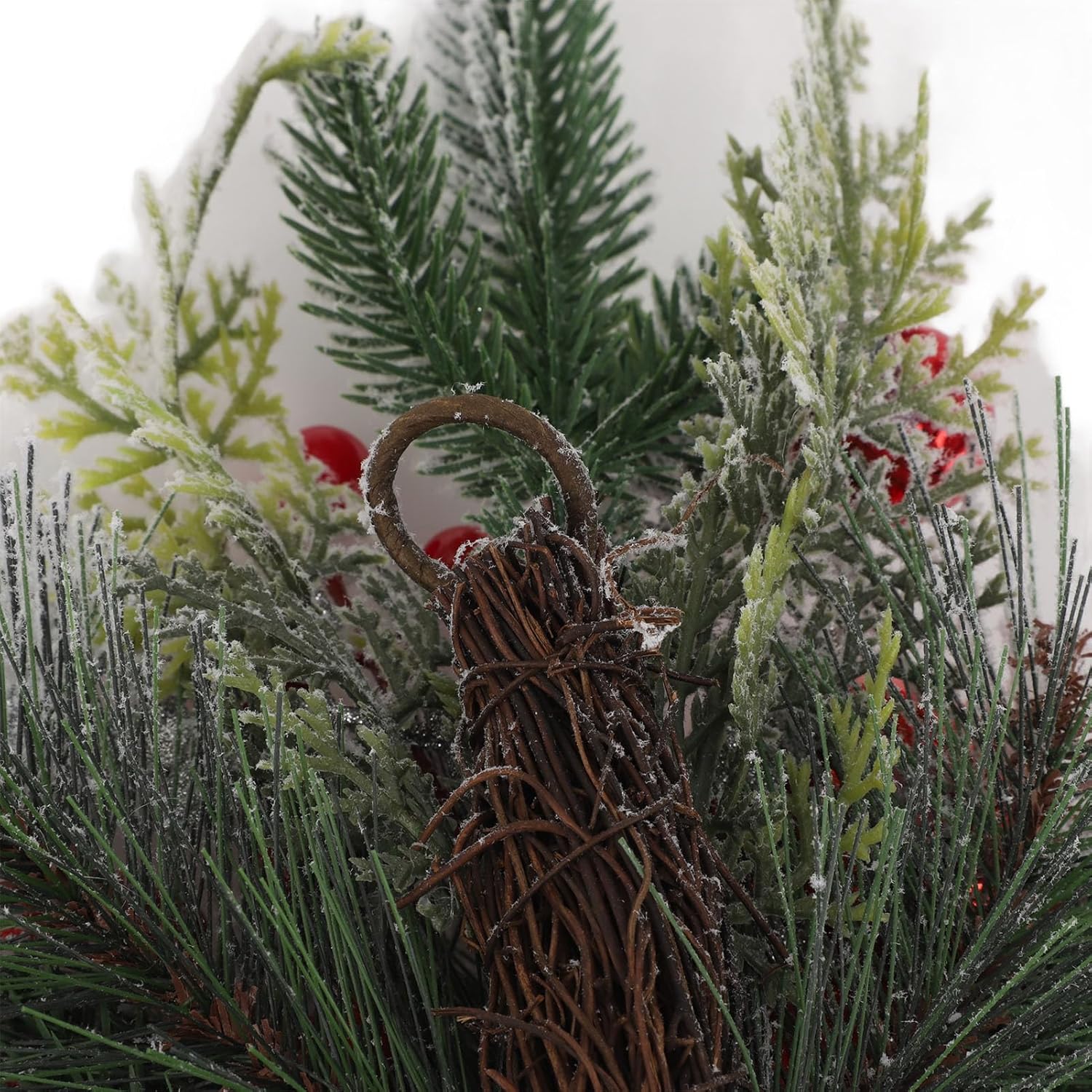 LED Christmas Teardrop Swag, Artificial Stairs Swag Garland, Pine Cones, Red Berries, Indoor and Outdoor Xmas Decoration with Snow, Rattan, PVC Material, 60x30cm (Red Without