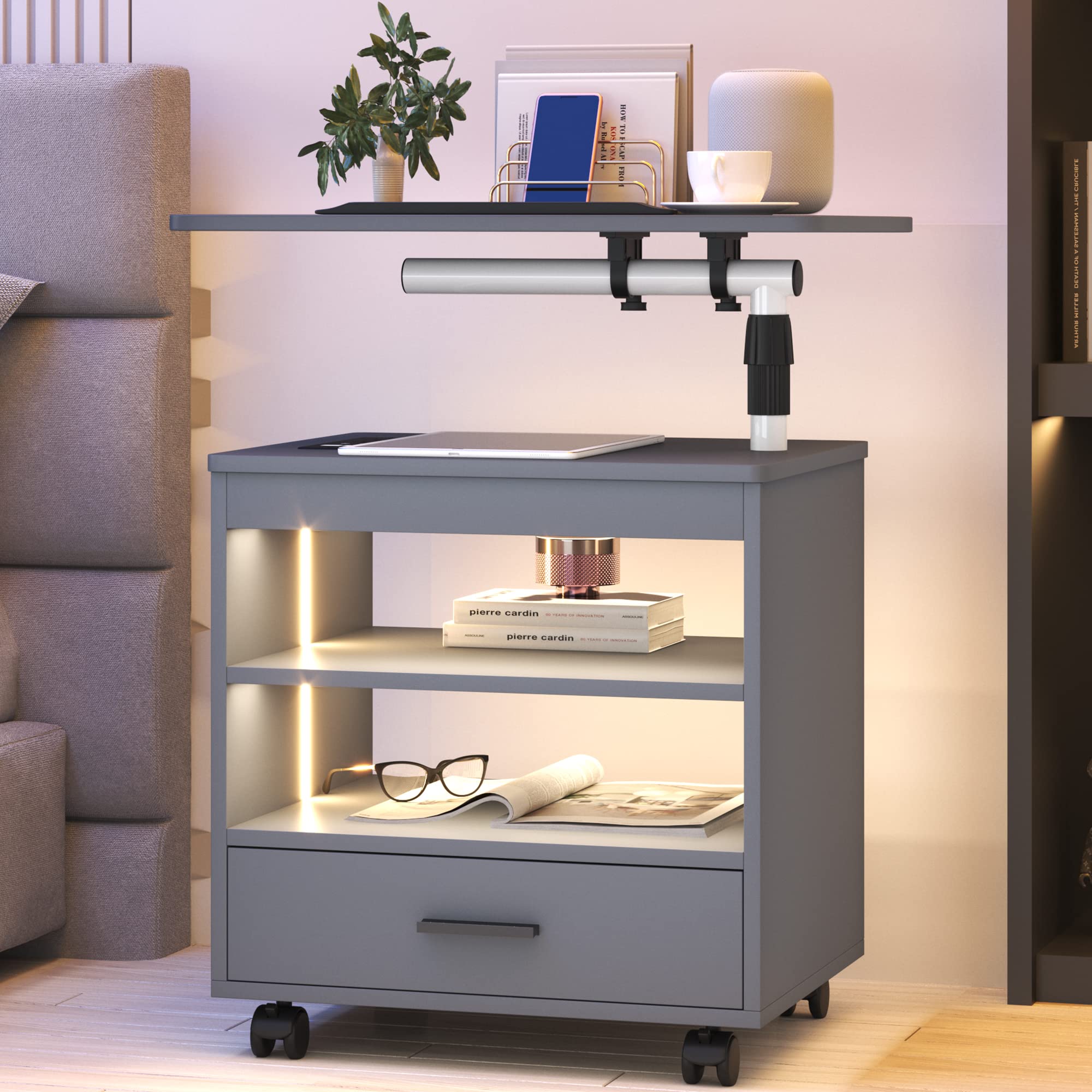 FREDEES Grey Nightstand with Charging Station, Led Night Stand, Smart