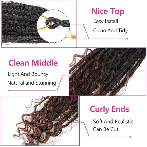 Miniatura 5 de Goddess Extensiones de cabello sintético de ganchillo en trenzas de caja, de 12 pulgadas, estilo bohemio 3X, puntas rizadas (paquete de 8, 1B430)