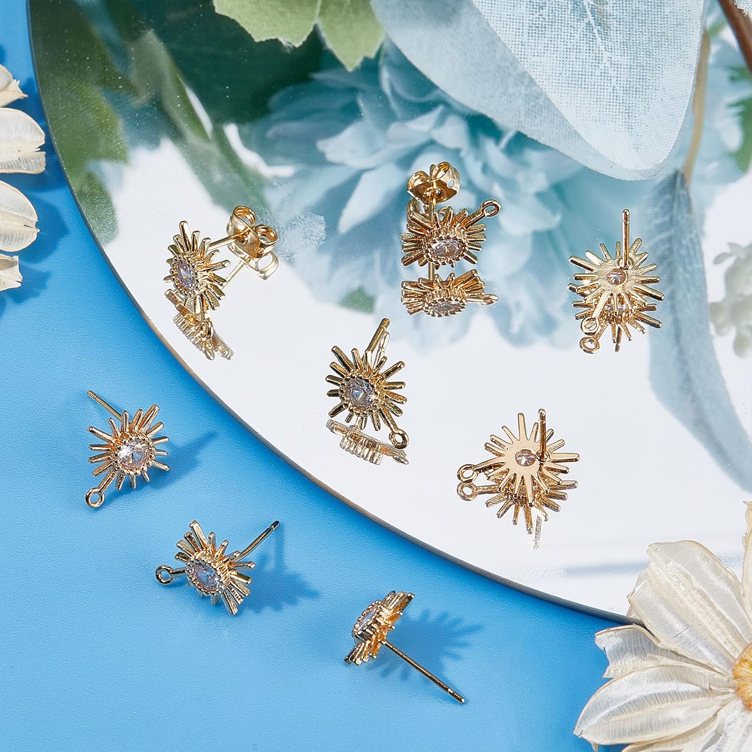 Beebeecraft 10Pcs/Box 18K Gold Plated Sun Earring Findings Cubic Zirconia Earring Posts with Sterling Silver Pins and Butterfly Earring Backs for DIY Jewelry Making - Image 4