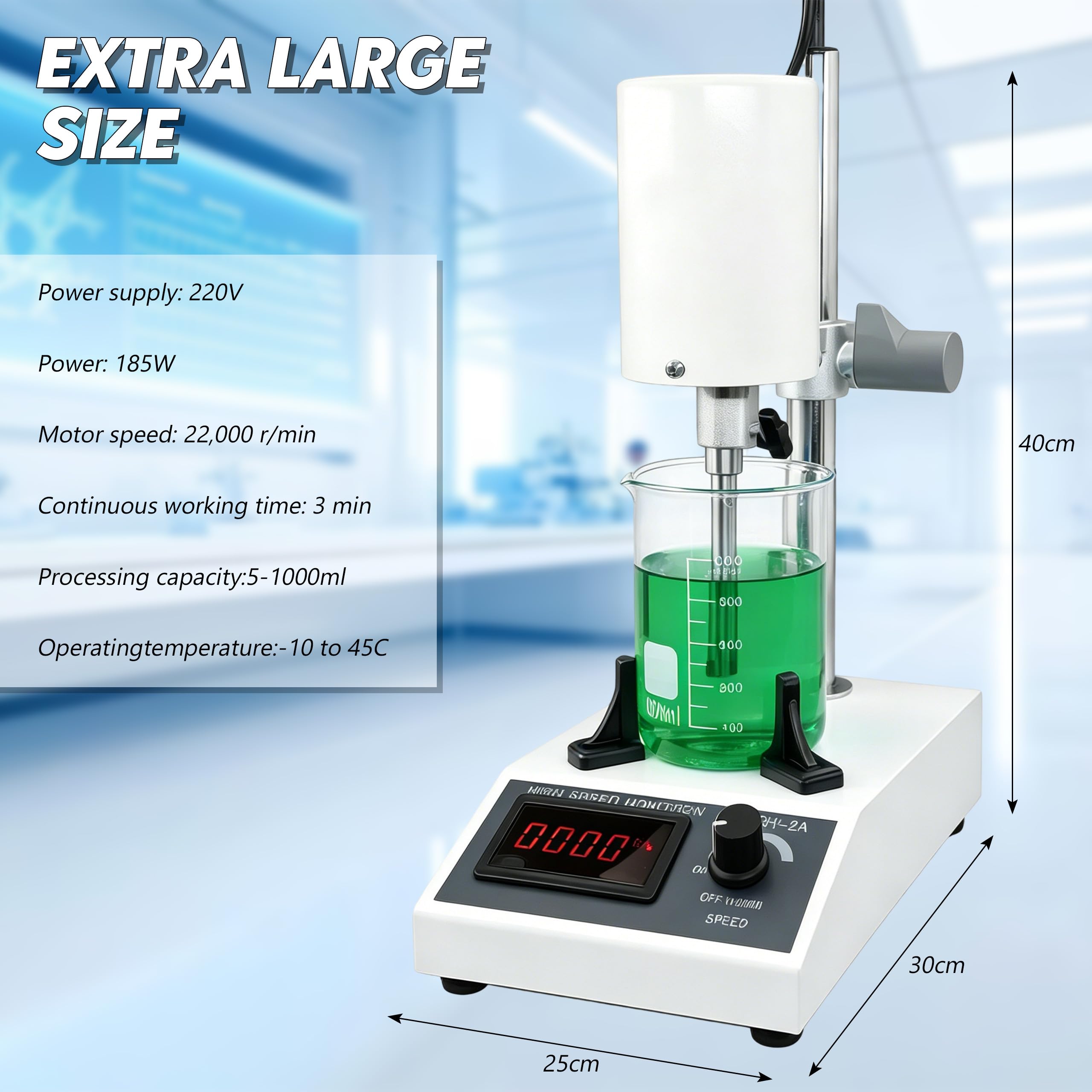 Hochgeschwindigkeits-Homogenisator 8000 bis 22000 U/min Einstellbar 5-1000ML Homogenizer mit 4 Messbecher Labor Emulgator mit Digitalanzeige für Medien Zelldispersion Kosmetik Lebensmittel