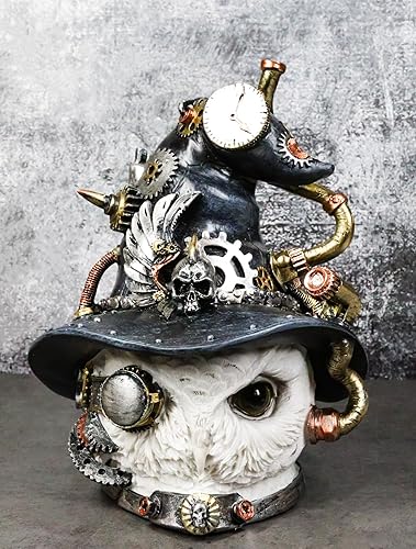 Miniatura 8 de Ebros Gift Pintado a mano engranajes mecánicos y tuberías engranados Steampunk búho con calavera alada Sombrero de bruja Figurita Nocturnal