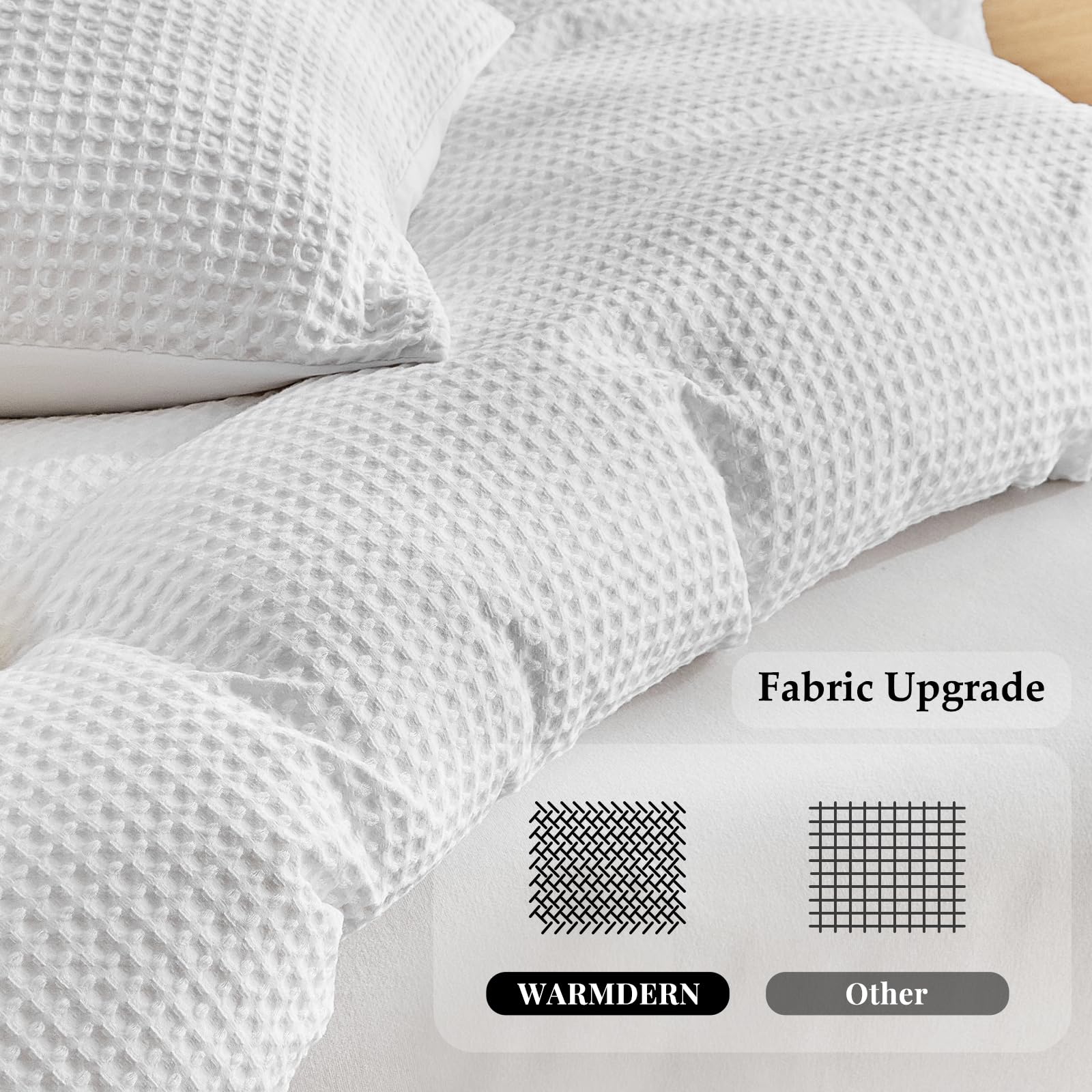 WARMDERN Juego de funda de edredón de microfibra blanca con tejido gofre, tamaño King, funda de edredón suave y transpirable, juego de ropa de cama de 3 piezas con textura para todas las estaciones