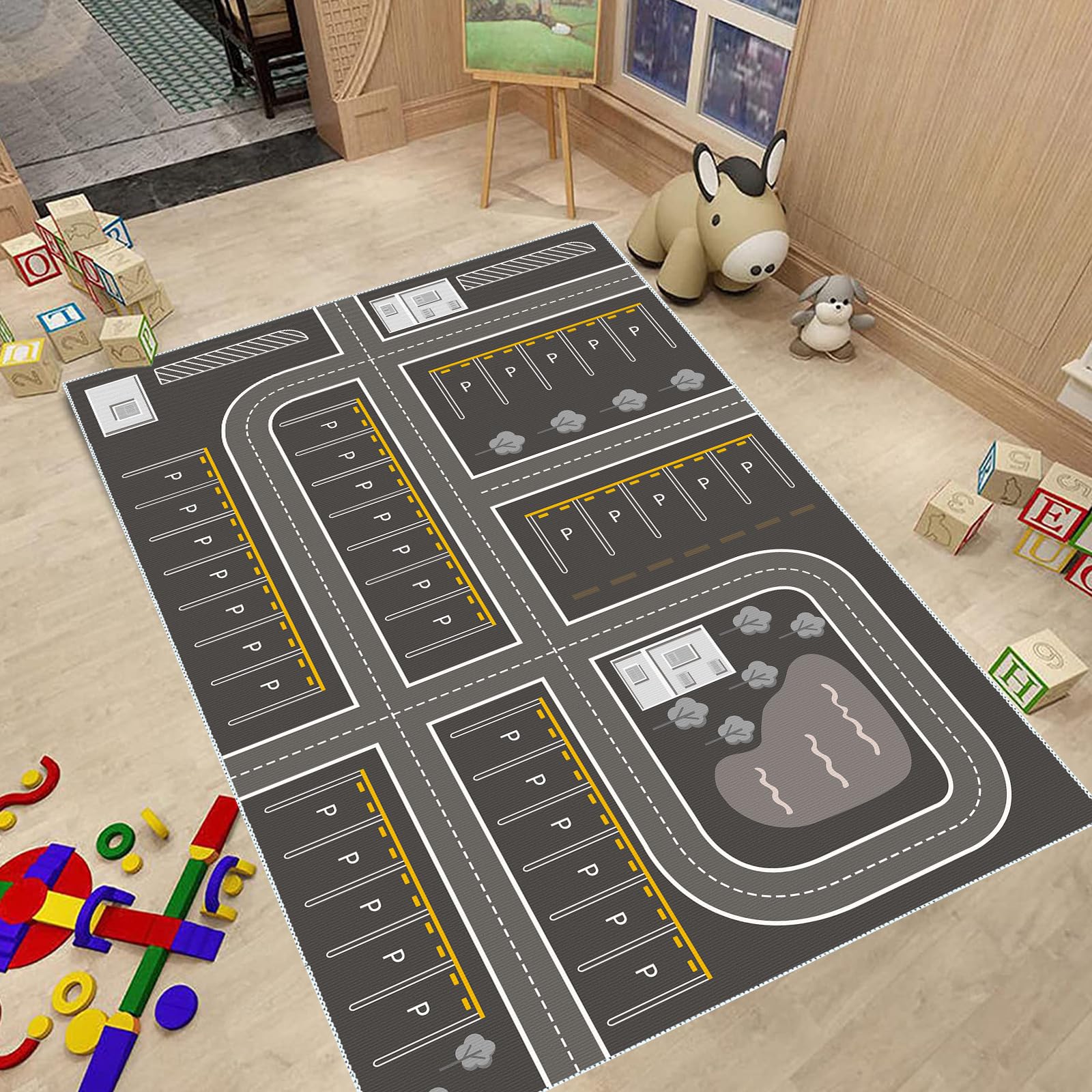 Autoteppich mit Breiten Straßen, Antirutsch-Rückseite, Straßenteppich – großen Parkplätzen, Jungen & Mädchen Kinderzimmer Spielteppich Straße Waschbar