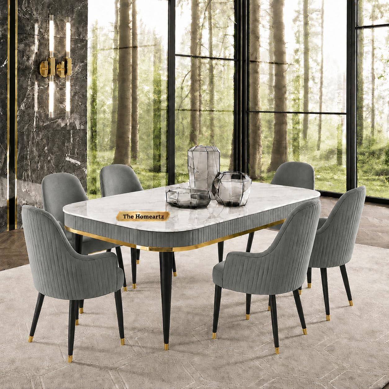 The Homeartz 6-Seater Modern Wooden Dining Table Set | 2 Year Warranty | Created Italian Statuario Marble Top | Elegant Composite Marble Table with 6 Chairs (Light Gray)