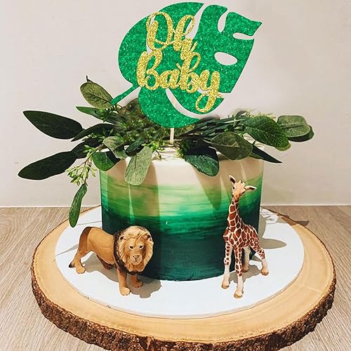 Miniatura 4 de Gyufise 1 pieza de decoración de pastel tropical dorado verde Oh Baby Cake Topper Jungle Safari Baby Shower Cake Decoración de hoja de Monstera niño