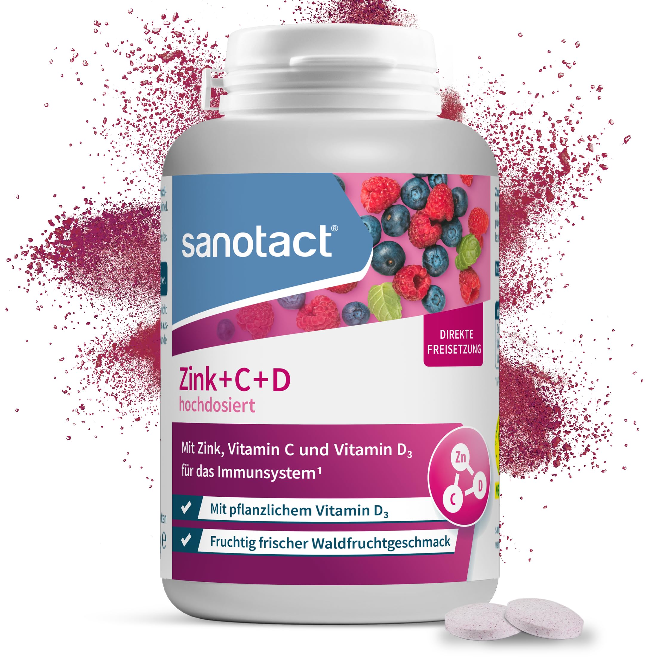 sanotact Zink+C+D hochdosiert | Zink Vitamin C und D Lutschtabletten | Waldfruchtgeschmack | Immunsystem | 150 vegan Lutschtabletten