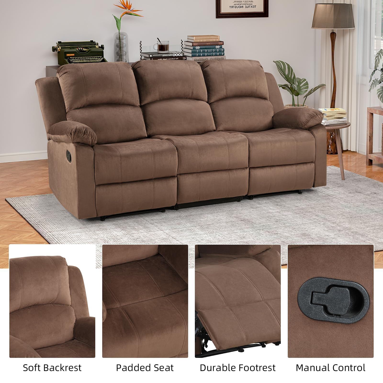 EBELLO Manual Recliner Sofa Set, Modern Microfiber Reclining Couch Furniture Set for Living Room, Includes 1 Recliner Chair and 2 3-Seater Reclining Couch for Home Theater and Office, Brown view 3