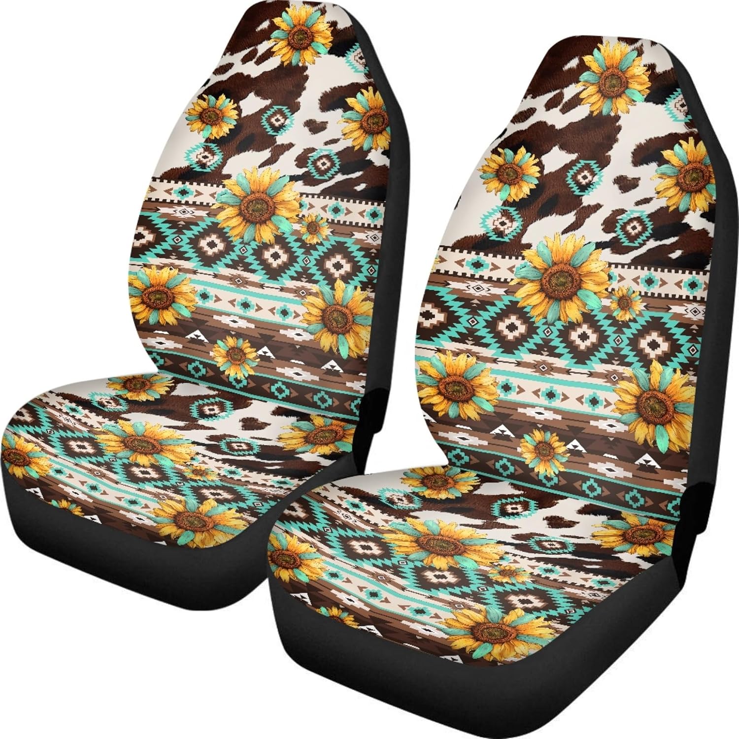 Sunflower Aztec Cow Print Car Seat Cover for Women Men,Universal Bucket Front Seats Protector Fit Most Cars,Truck SUV Van