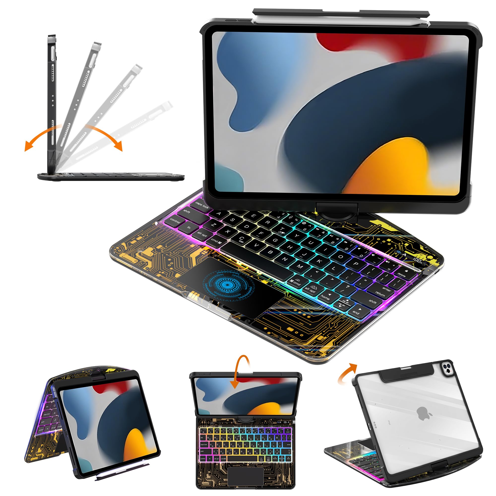 Clear Keyboard Case for iPad 10.2 inch 9th/8th/7th (2021/2020/2019) 360° Swivel Multi-Touch Trackpad,with Wireless Bluetooth 3-Brightness &amp;7-Color Backlit, Pencil Holder Black