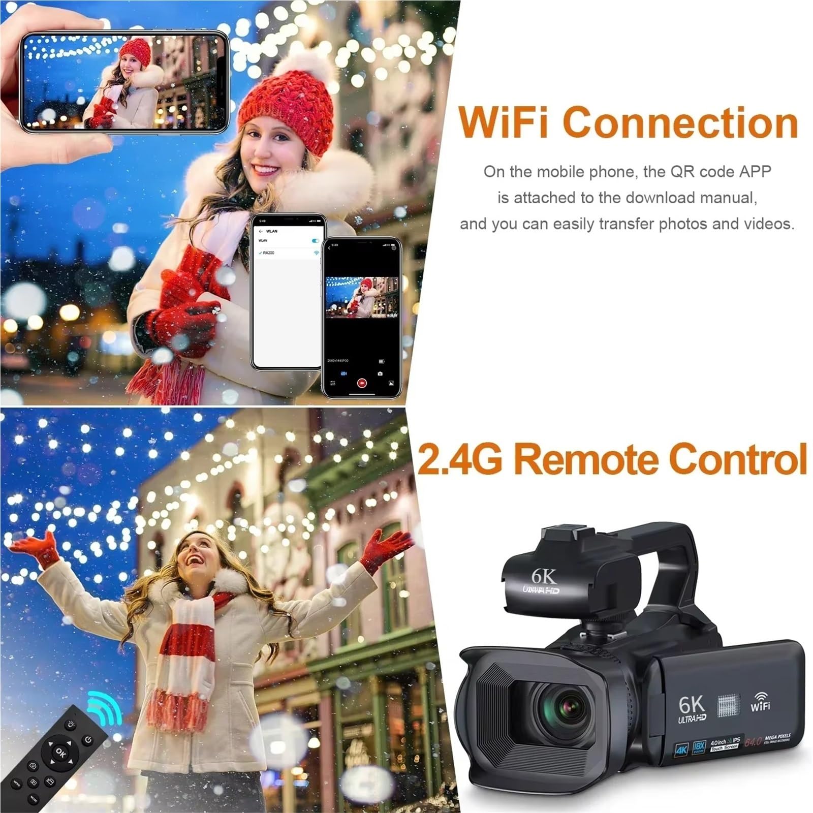 Profesjonalna kamera wideo 6K do fotografii, 18-krotny zoom cyfrowy noktowizor vlogowania 64MP WiFi transmisja na żywo internetowa Lekki(No card,Light-wireless mic)