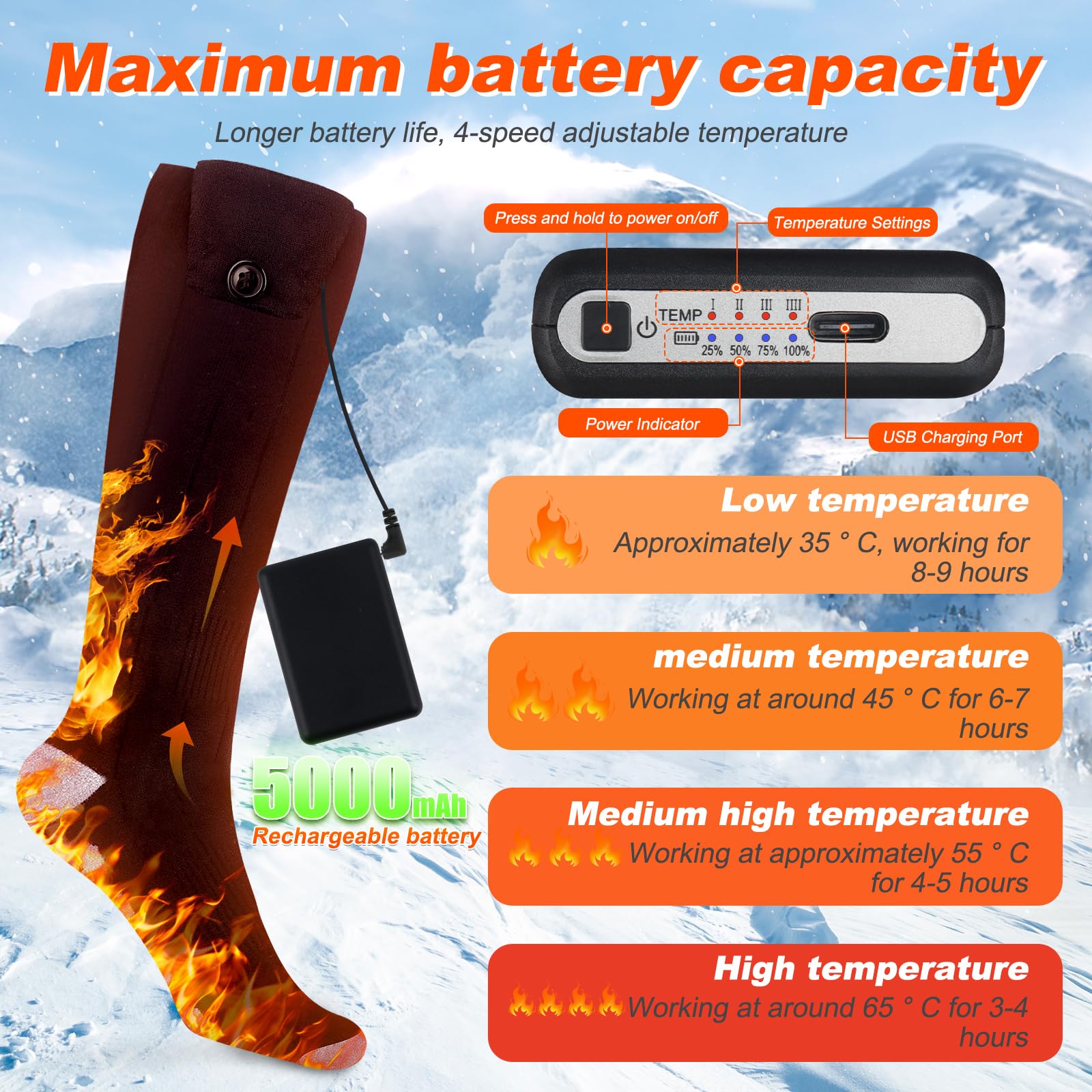 Beheizbare Socken, Beheizte Socken Damen Herren, 5000mAh Akku Wiederaufladbare Heizsocken 70℃ Fußwärmer für Außen Innen mit 4 Einstellbarer Temperatur für Winter Camping Jagd Skifahren Reiten