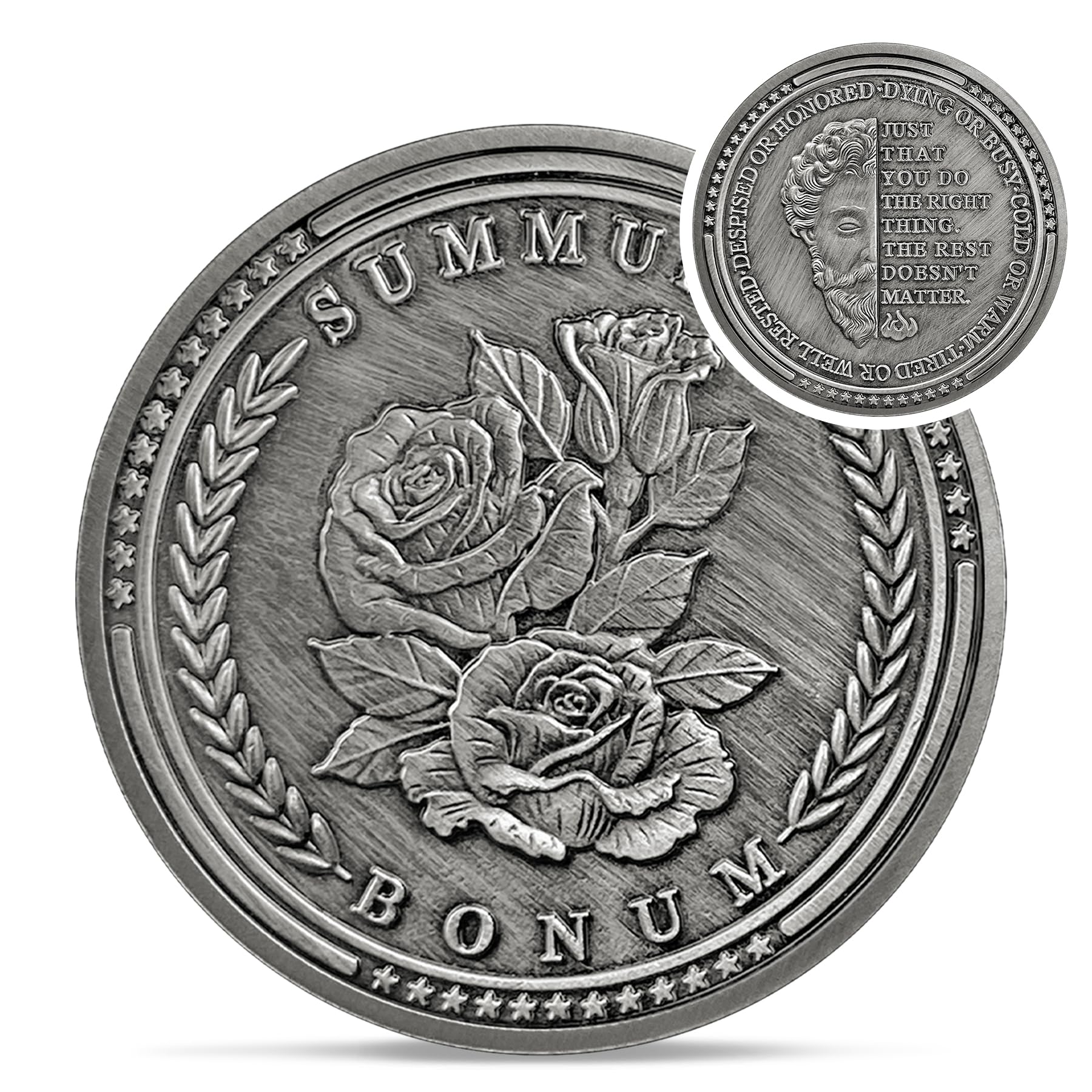 Summum Bonum Challenge Coin - Silver EDC Rose Stoic Coin - Love of Fate Token Reminder for Daily Stoic Practice - Inspirational Thoughtful Stoicism Gifts for Men Women Kids