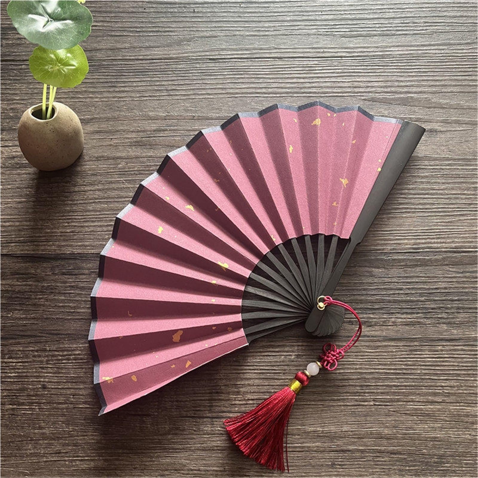 SXTYYH Folding Hand Fan Tassel, Mini Classical Multicolor Gold Sprinkled Xuan Paper Handheld Fan for Women Foldable, Folding Fans for Line Dancing, Hanfu Photo Prop(5in,Pink)