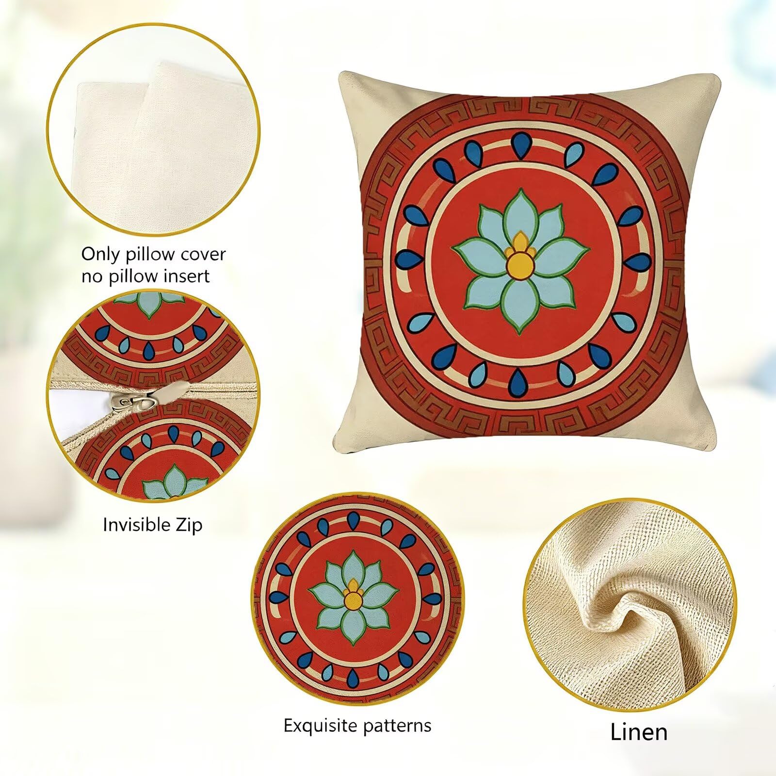 Rosso Federe Cuscini Divano 40x40cm, Cuscini da Esterno Set de 4, Cod-154 | Lin Copricuscini Decorativi Letto Arredo, per Letto, Soggiorno, Giardino, Esterno, Casa Decorazione Set di 4 Retro