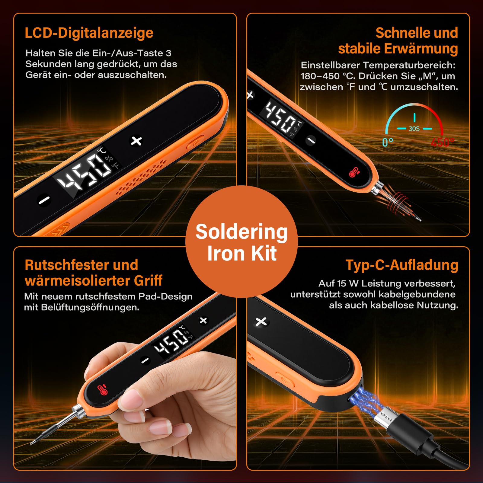Fer à souder sans fil avec support, écran LCD, température réglable 180-450 °C, 3 pointes de soudure, fer à souder USB pour réparation de circuits imprimés, réparation de soudage - Orange
