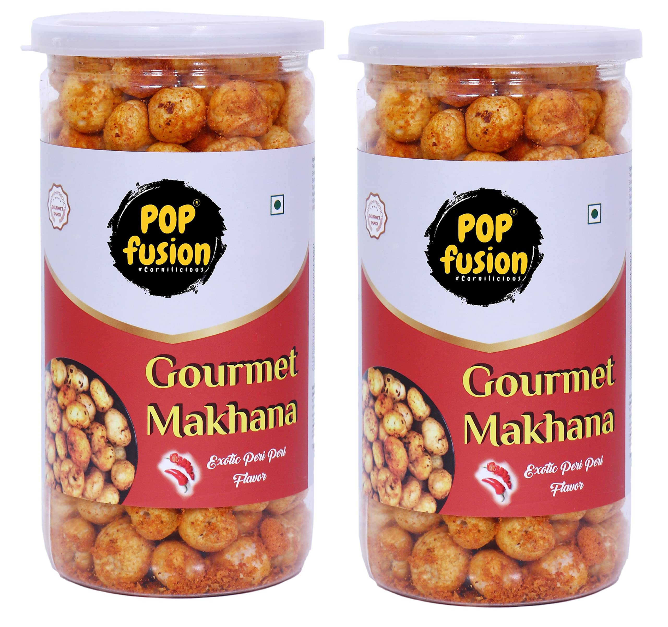Popfusion Flavoured and Roasted Gourmet Makhana/Fox Nuts- Exotic Peri Peri,Low Fat Snacks with Airtight Glass Jar - (70gms Each) (Pack of 2)