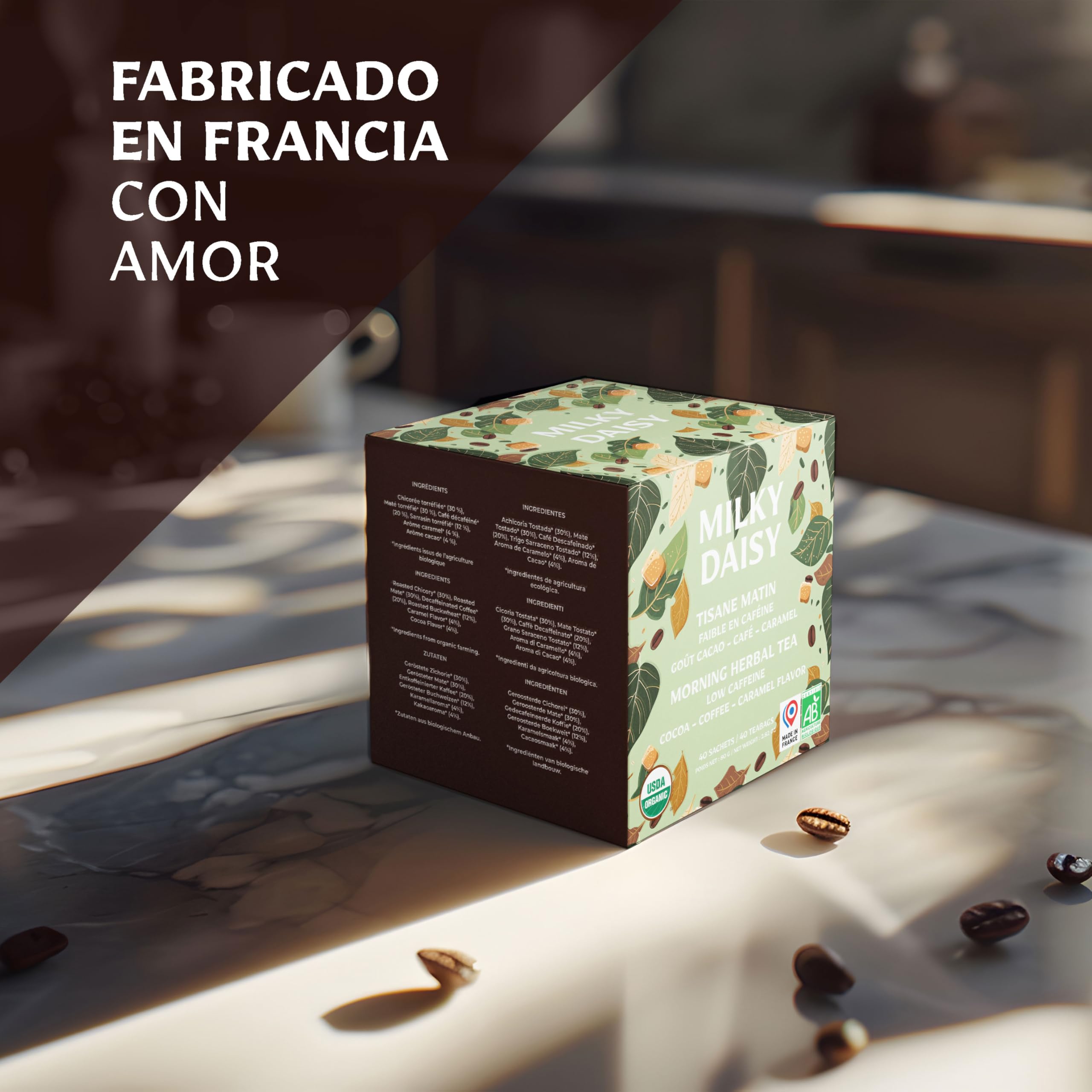 Milky Daisy Té Matutino Orgánico Sustituto del Café Sabor Cacao Café Caramelo Energizante Bajo en Cafeína 40 Bolsitas