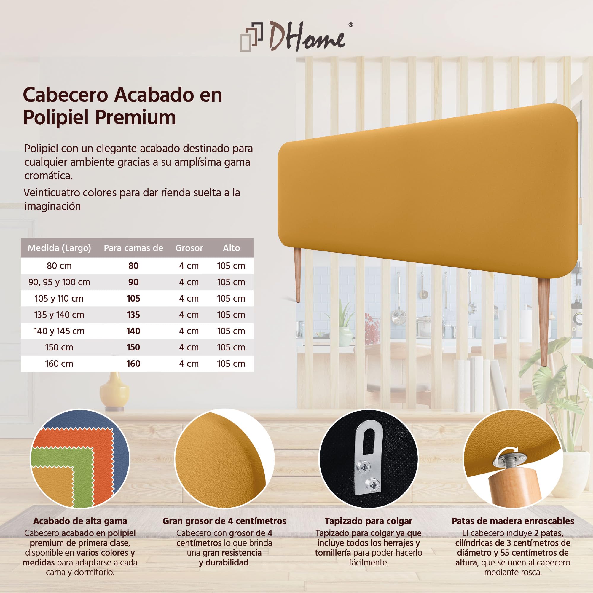 DHOME Tête de Lit Capitonnée Unie Arrondie en Similicuir avec Pieds pour Mur Têtes de Lit Acoustiques Absorbantes Tête de Lit Chambre à Coucher (Moutarde, 150cm)