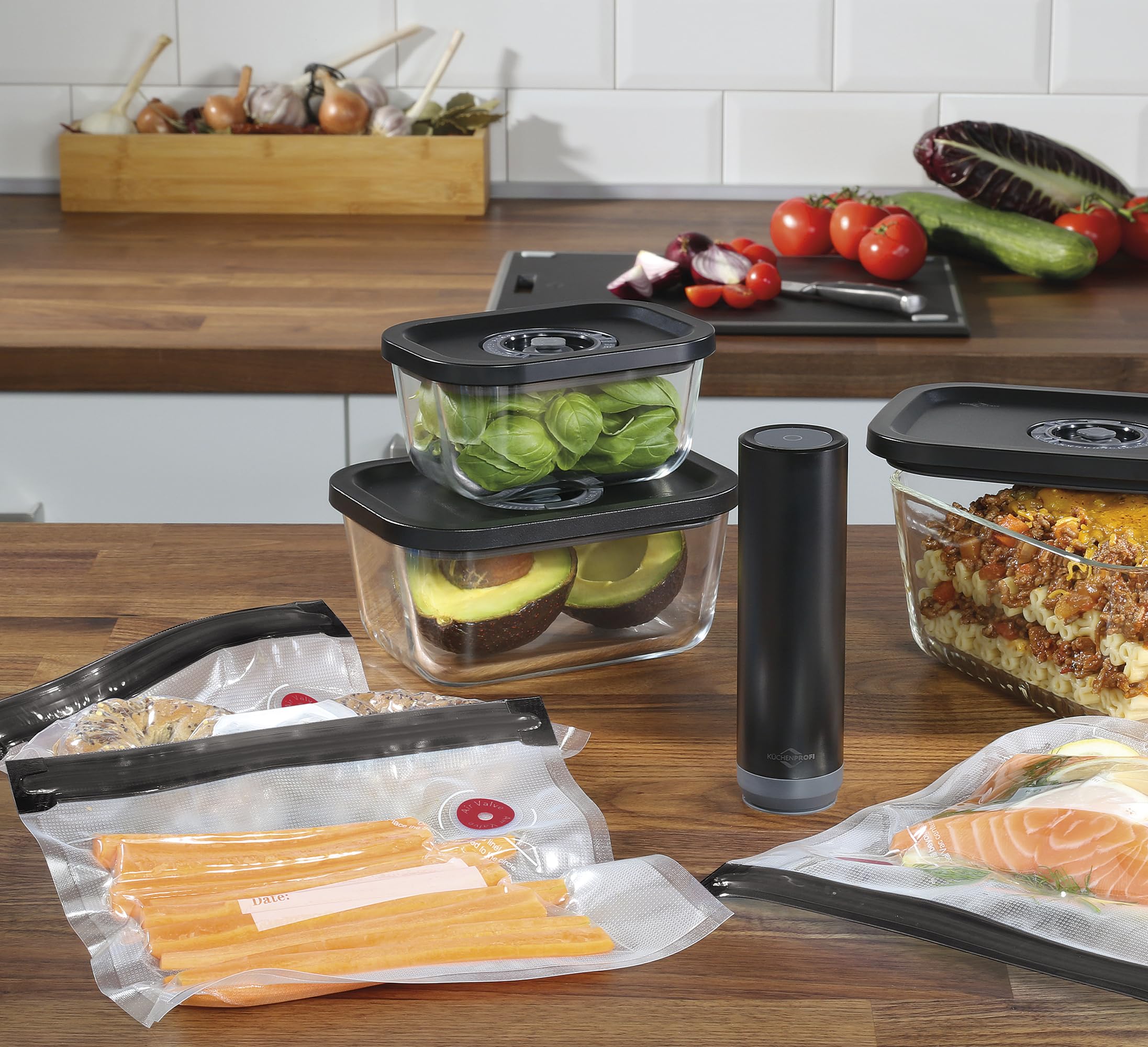 Küchenprofi EASYFRESH zestaw próżniowy | 7-częściowy | 1 x pompa próżniowa elektryczna, 1 x puszka próżniowa S, M i L, 3 x worki próżniowe 22 x 21 cm | szkło borokrzemowe, wysokiej jakości tworzywo