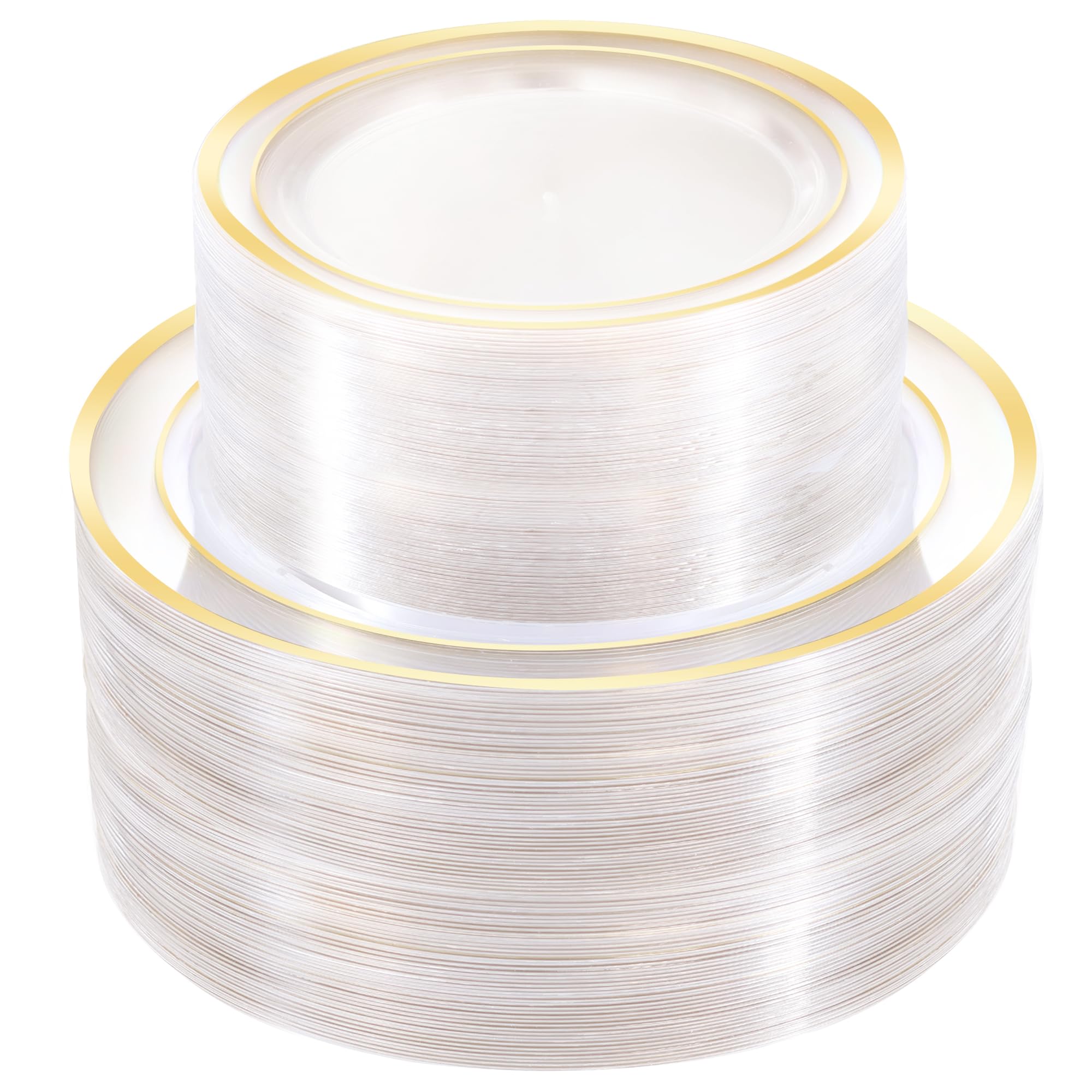 ROCOHANTI 200 PCS Clear Gold Plastic Plates, Gold Rimmed Disposable Party Plates Include 100 Dinner Plate and 100 Dessert Plate Perfect for Party,