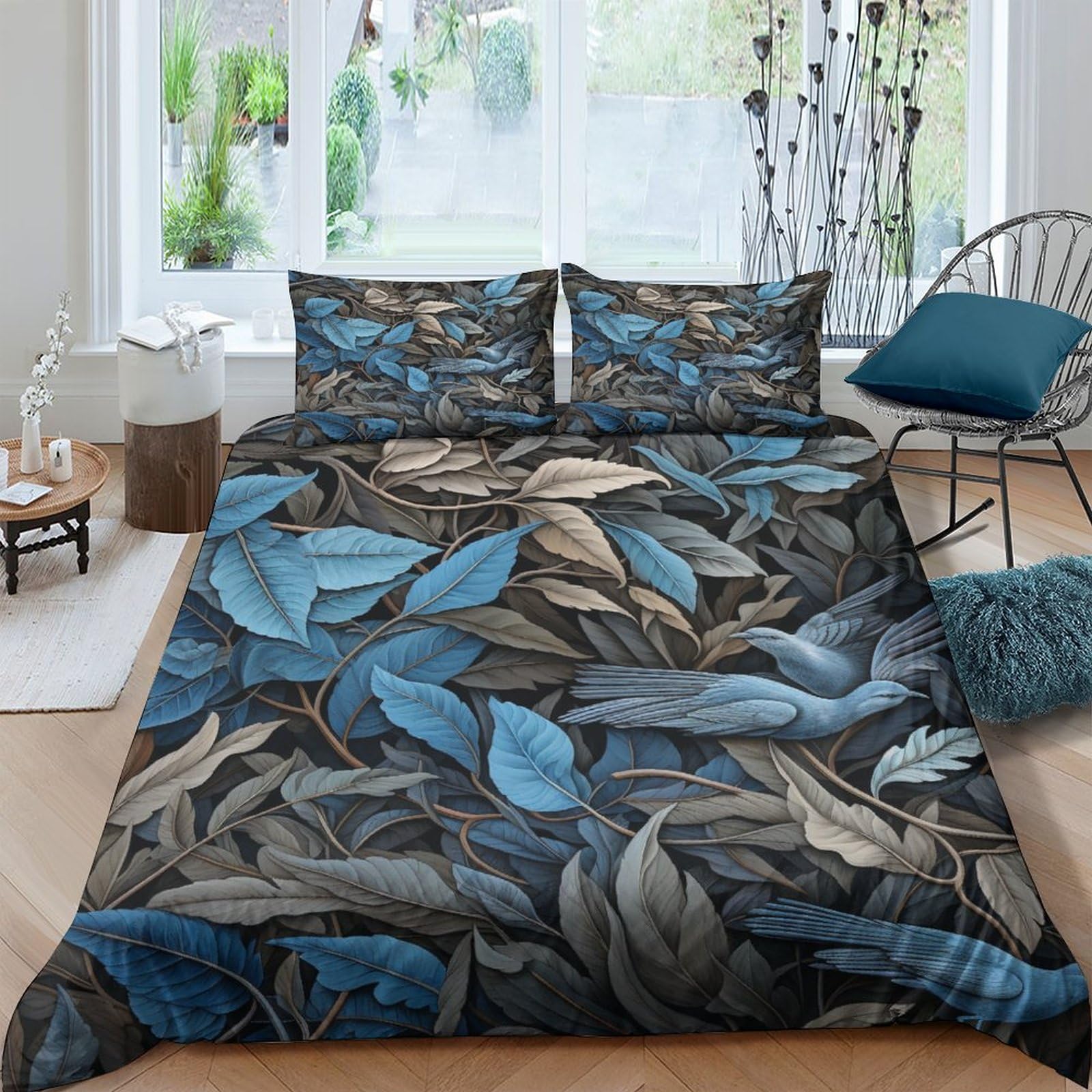 Housse de couette anti-pli entretien facile parure de lit 3 pièces motif végétal