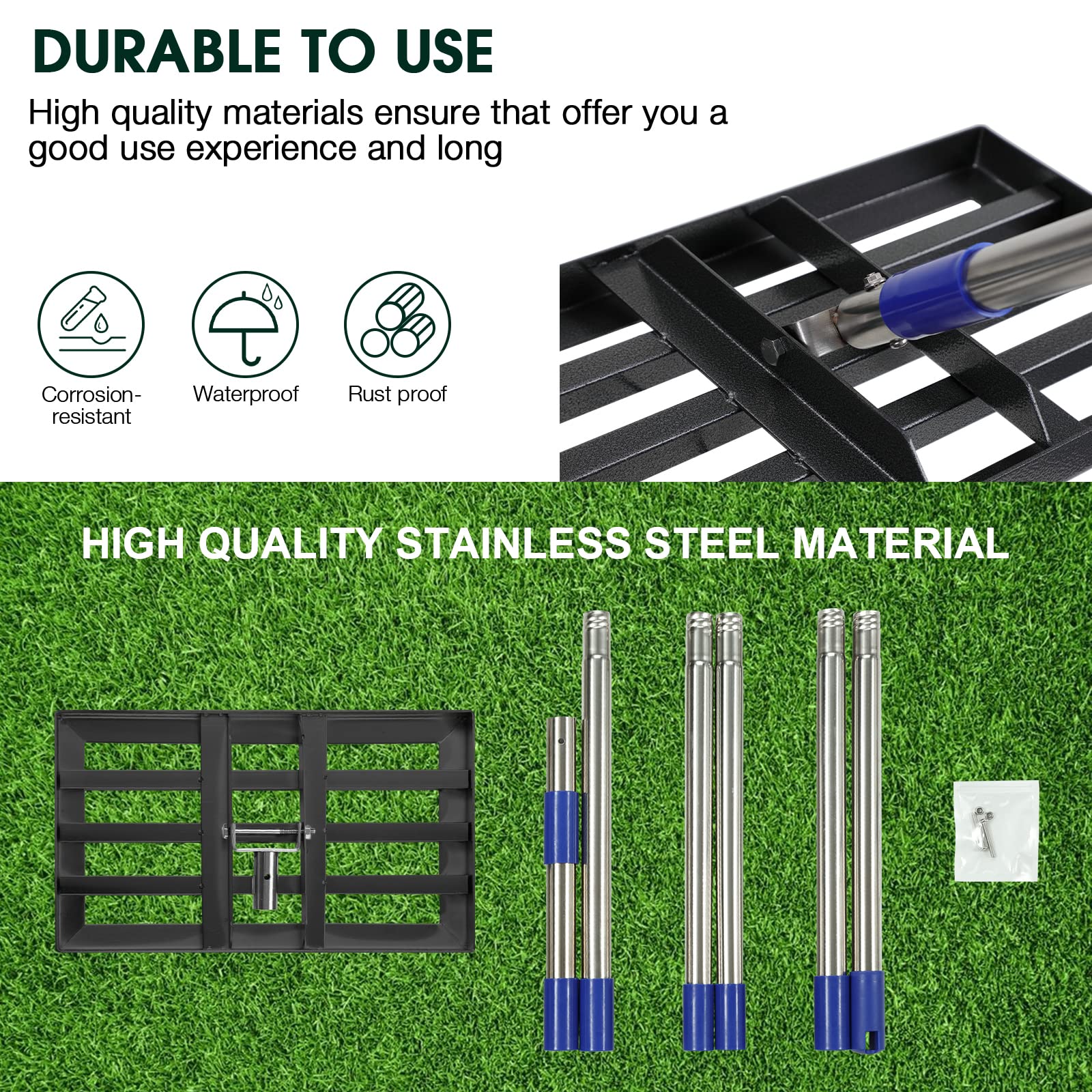 BsBsBest Lawn Leveling Rake, 5FT Lawn Leveler with Adjustable Handle, Stainless Steel Rakes for Lawns Heavy Duty, Yard Level Lawn for Soil Grand Golf, Black