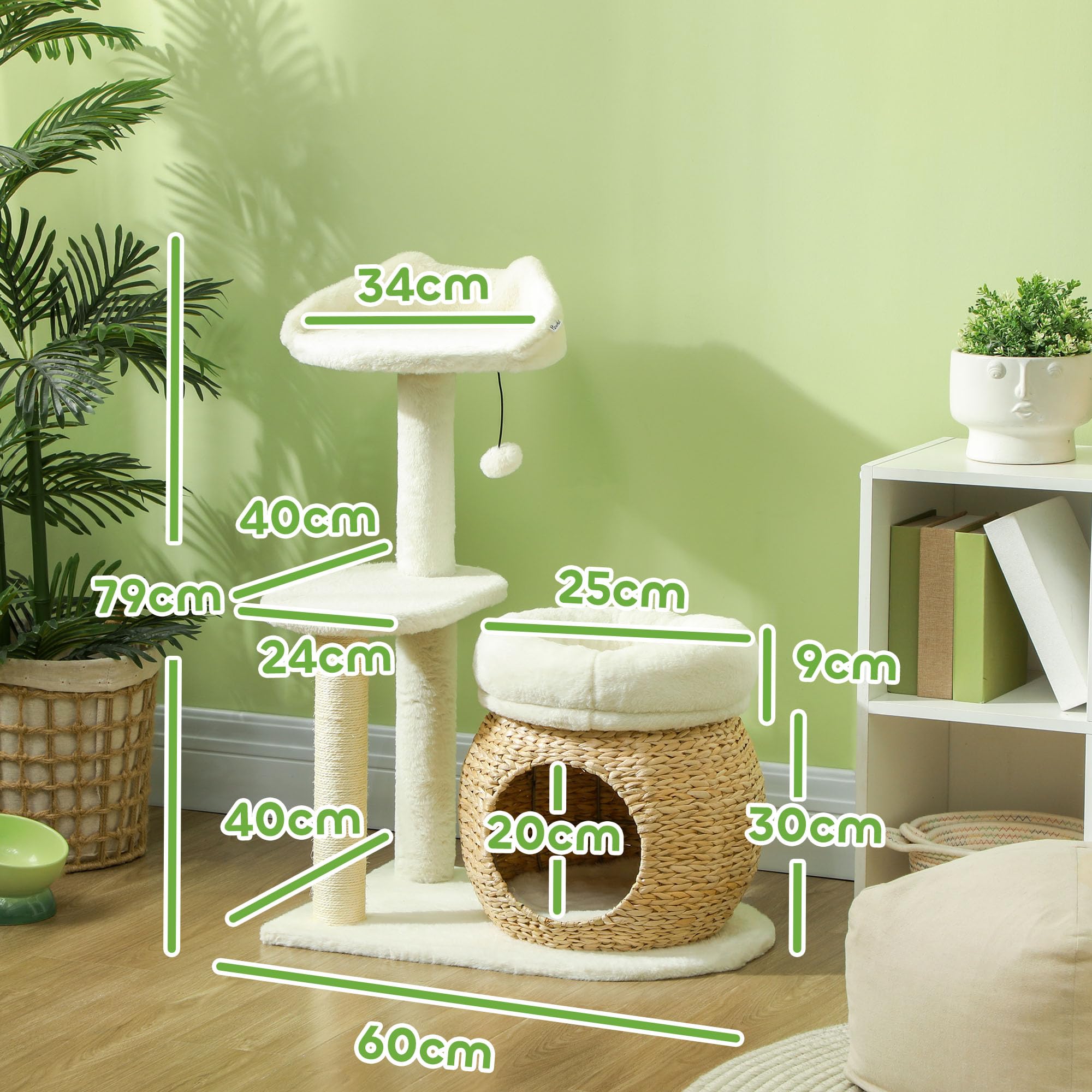 PawHut Drapak dla kota 79 cm z legowiskiem dla kota, łóżkiem, piłkami do zabawy, drapak dla kota z sizalowymi kolumnami, dla kotów o wadze do 5 kg, kremowo-biały