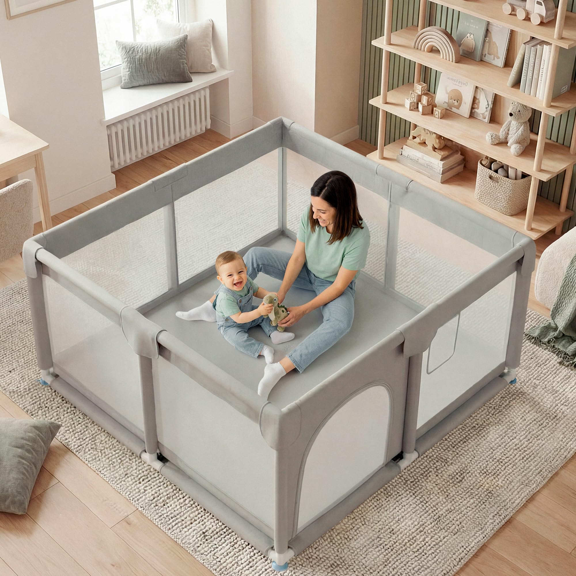 JUPPLIES Parque Infantil Bebe 120x120cm + Alfombra Bebe + 50 Bolas + Agarraderas + Bolsas de Transporte – Corralito Bebe con Malla Transpirable (Gris 120 * 120 completo + agarraderas) — view 8