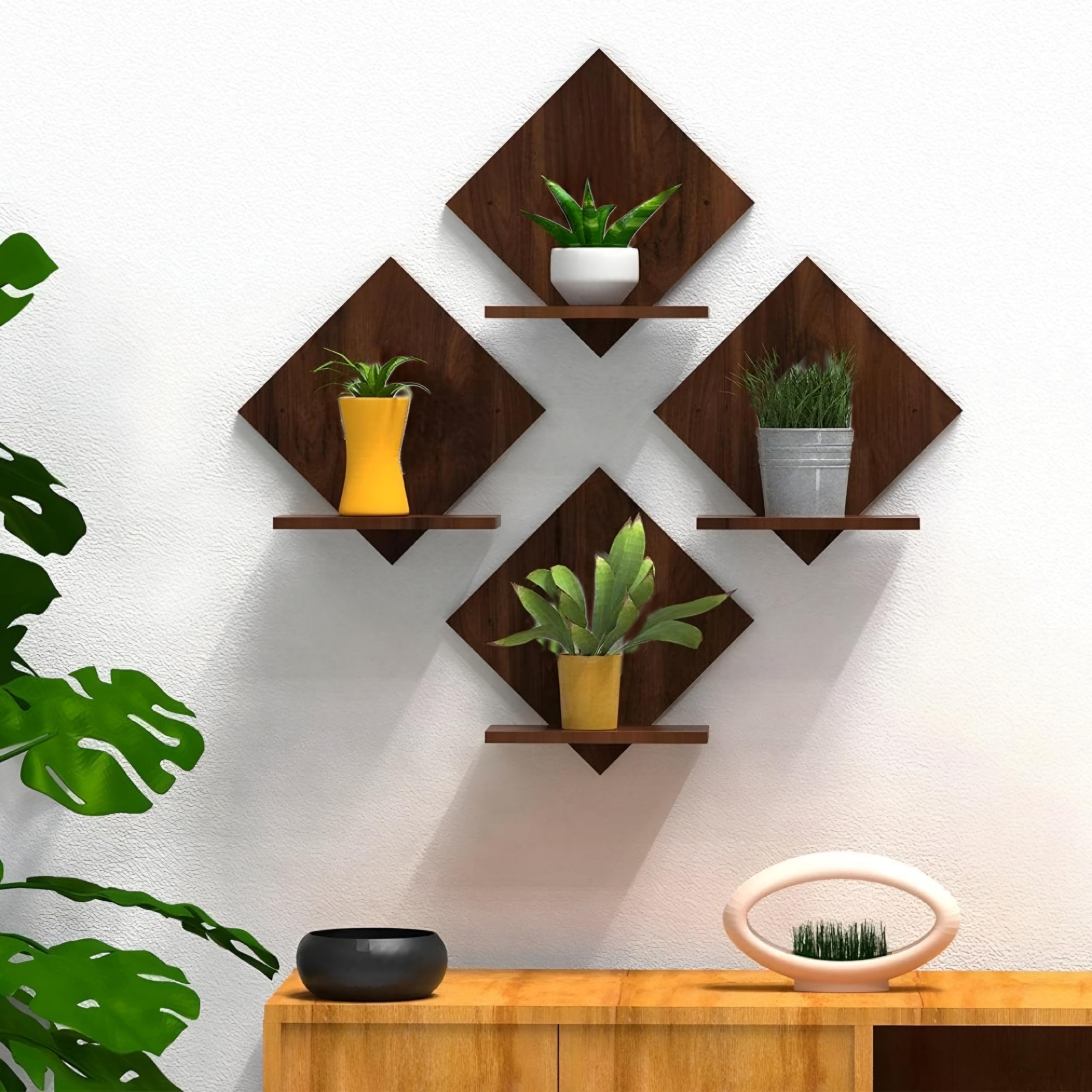 Dime Store Engineered Wood Wall Mount Floating Shelves Set of 4 | Planter Stand Art Hanging Shelf Decor for Wall Display Rack Storage Organizer for Living Room Kitchen Bedroom