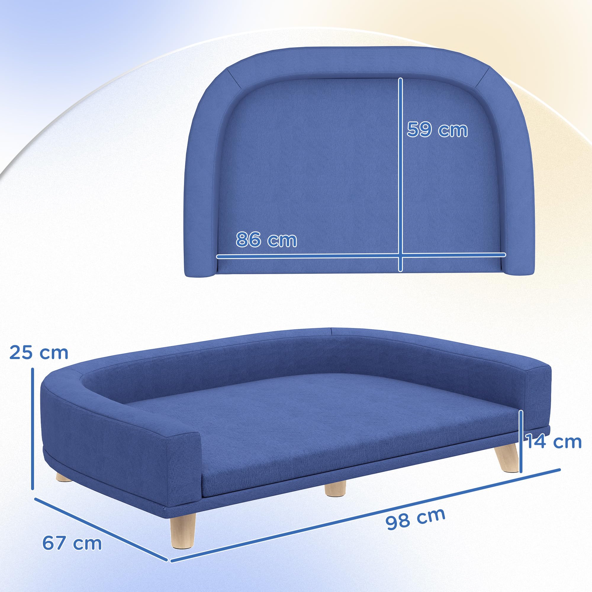 PawHut Divano per cani con gambe in legno, lavabile, con cuscino, per cani di taglia grande, 98 x 67 x 25 cm, blu