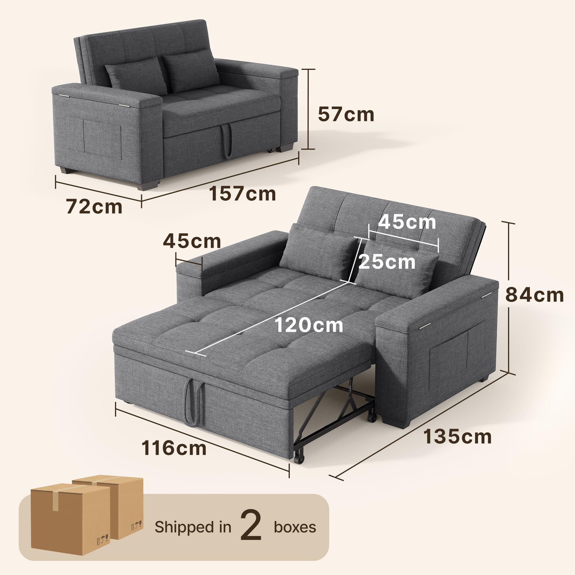 Xbro Divano Letto 2 Posti in Lino, Letto Esteso 175x116 cm, Convertibile 3 in 1 con 2 Cuscini e Tasche Laterali, Compatto Salvaspazio per Soggiorno e Camera Ospiti, 156x74x84 cm, Grigio Scuro