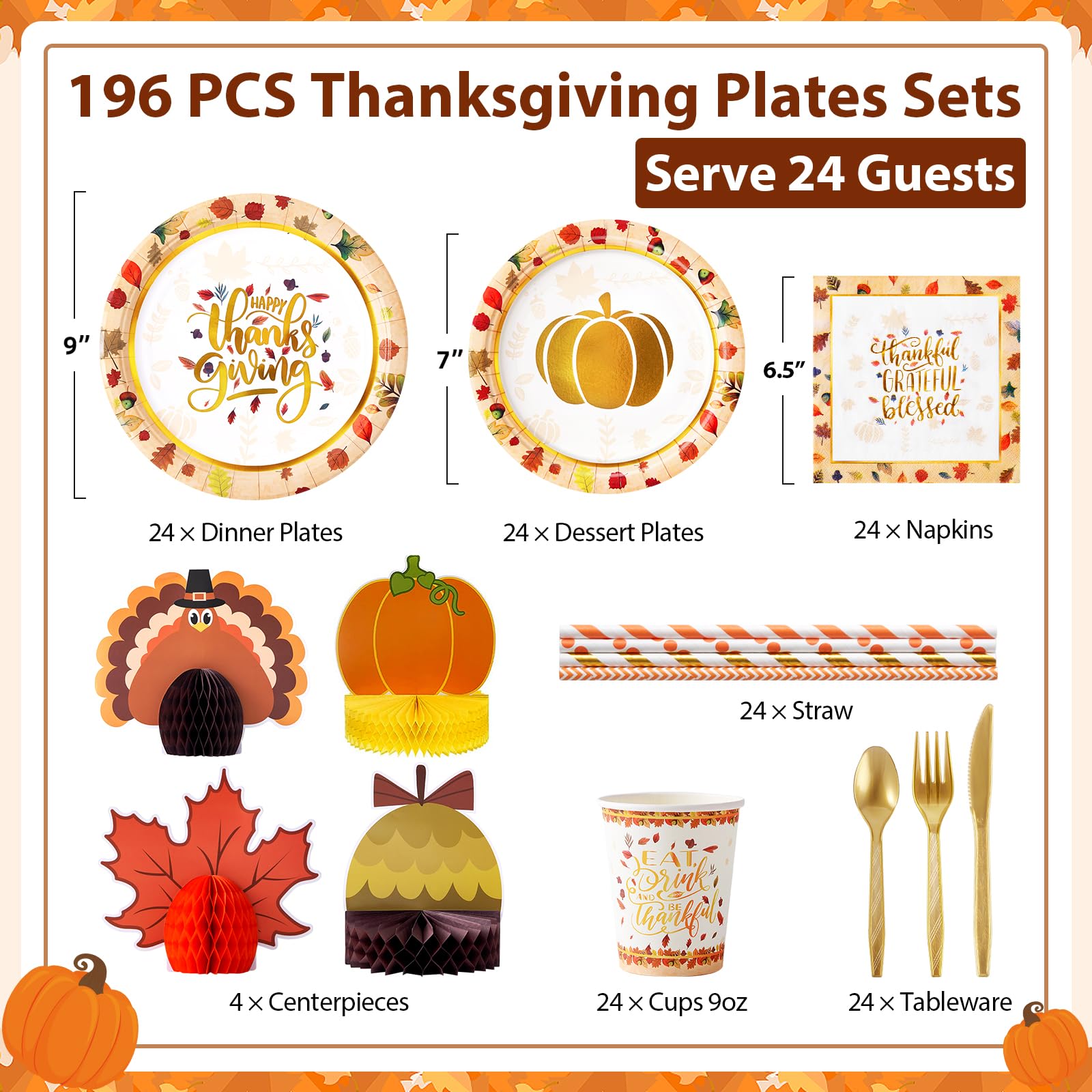 HOMDAILY 196 PCS Thanksgiving Plates and Napkins Dinnerware Sets, Thanksgiving Paper Disposable Plates for 24 Guests-Thanksgiving Plates, Napkins, Cups, Tableware, 4 Honeycomb Centerpieces Table Decor