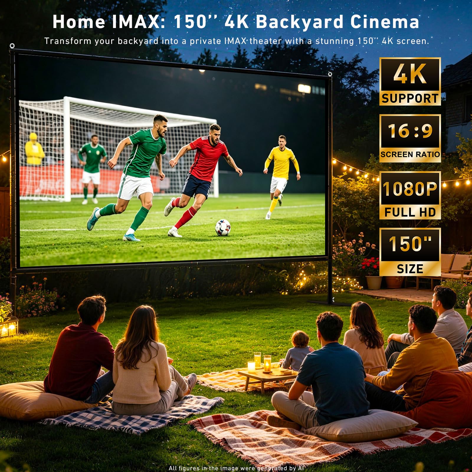 150 Zoll Projektor-Leinwand mit Ständer, 16:9 4K HD tragbare Outdoor-Filmleinwand, faltenfrei, faltbar, Innenprojektionsleinwand mit Tragetasche & Bodennägeln für Hinterhofkino Heimkino