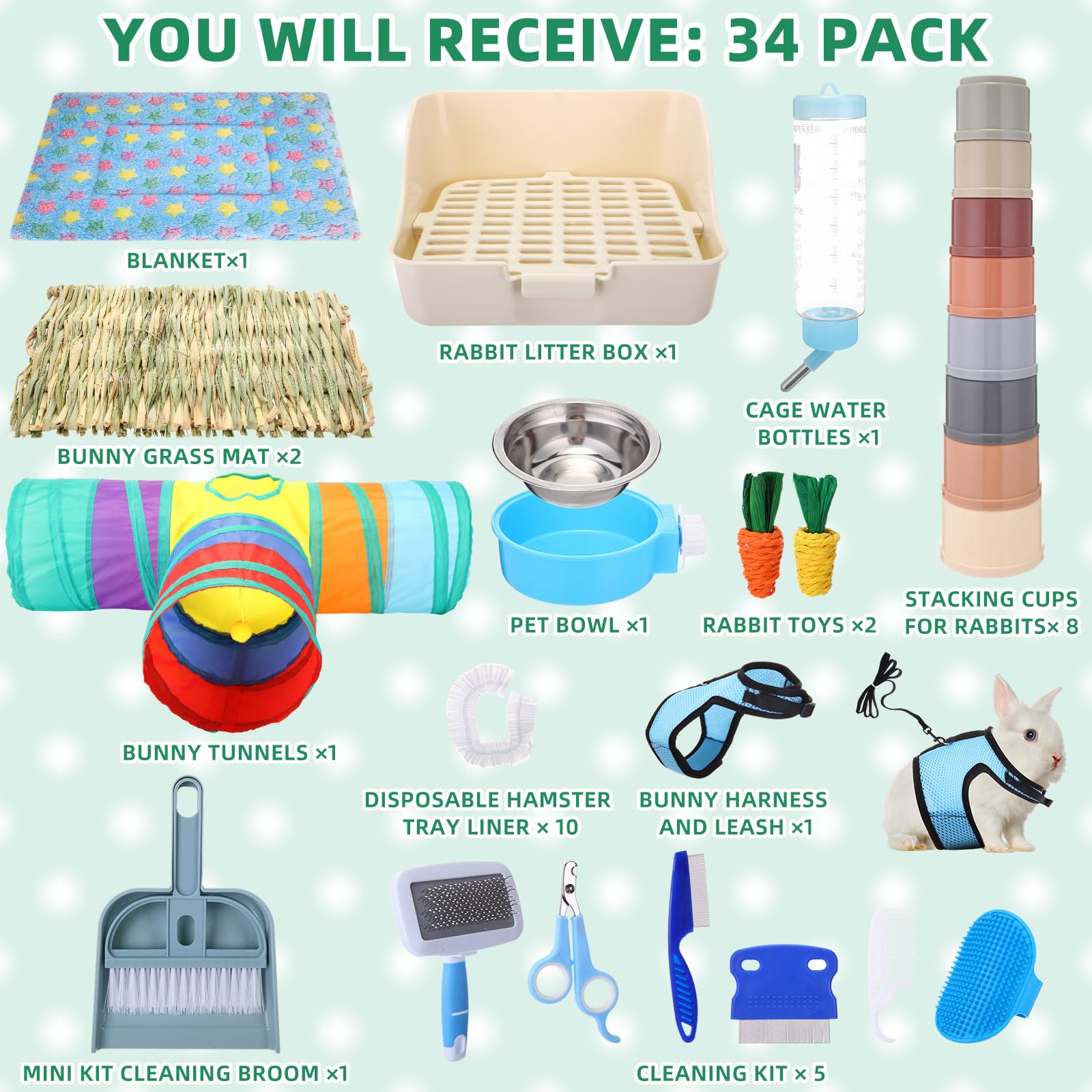 Kit iniziale per conigli, 34 pezzi, per lettiera per conigli, piccole bottiglie d'acqua, tazze impilabili, tunnel per coniglietti, kit per la toelettatura degli animali, coperte con set di