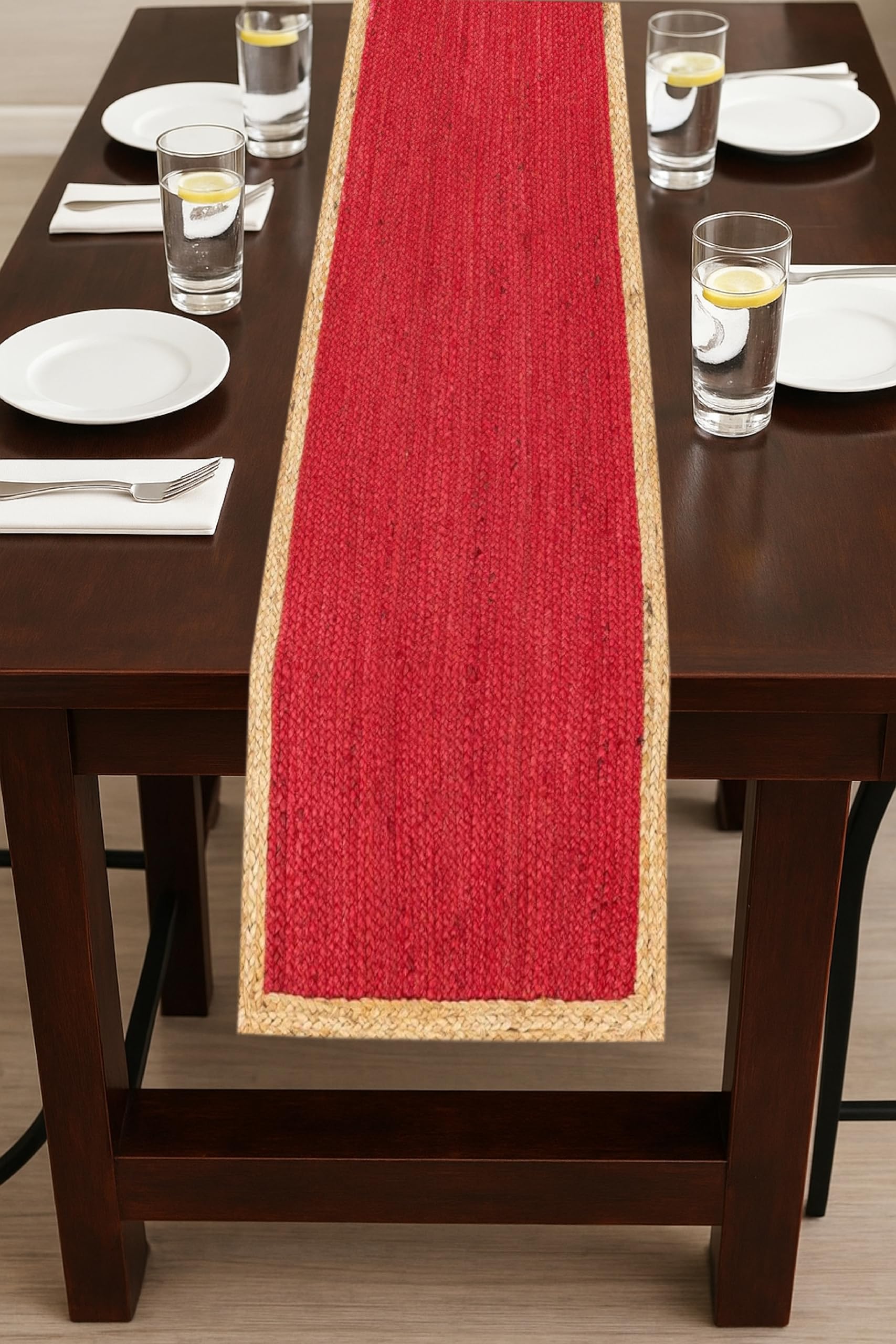 Paquete de 2 alfombras interiores de yute rojo para camino de mesa, 33 x 213 cm, decoración india tejida a mano, mesa de comedor, cocina, mesa de café, decoración bohemia de granja